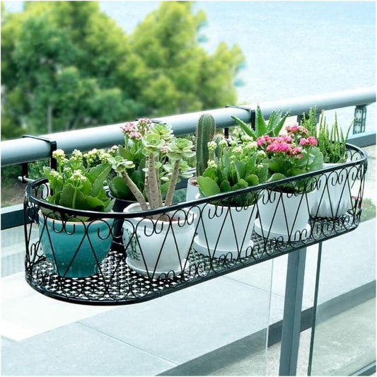 Railing Planter Box - Decorative Fence Planters for Flowers, Hanging Shelf and Potted Plant Stand, Outdoor Balcony Garden Decor, Ideal for Home and Patio