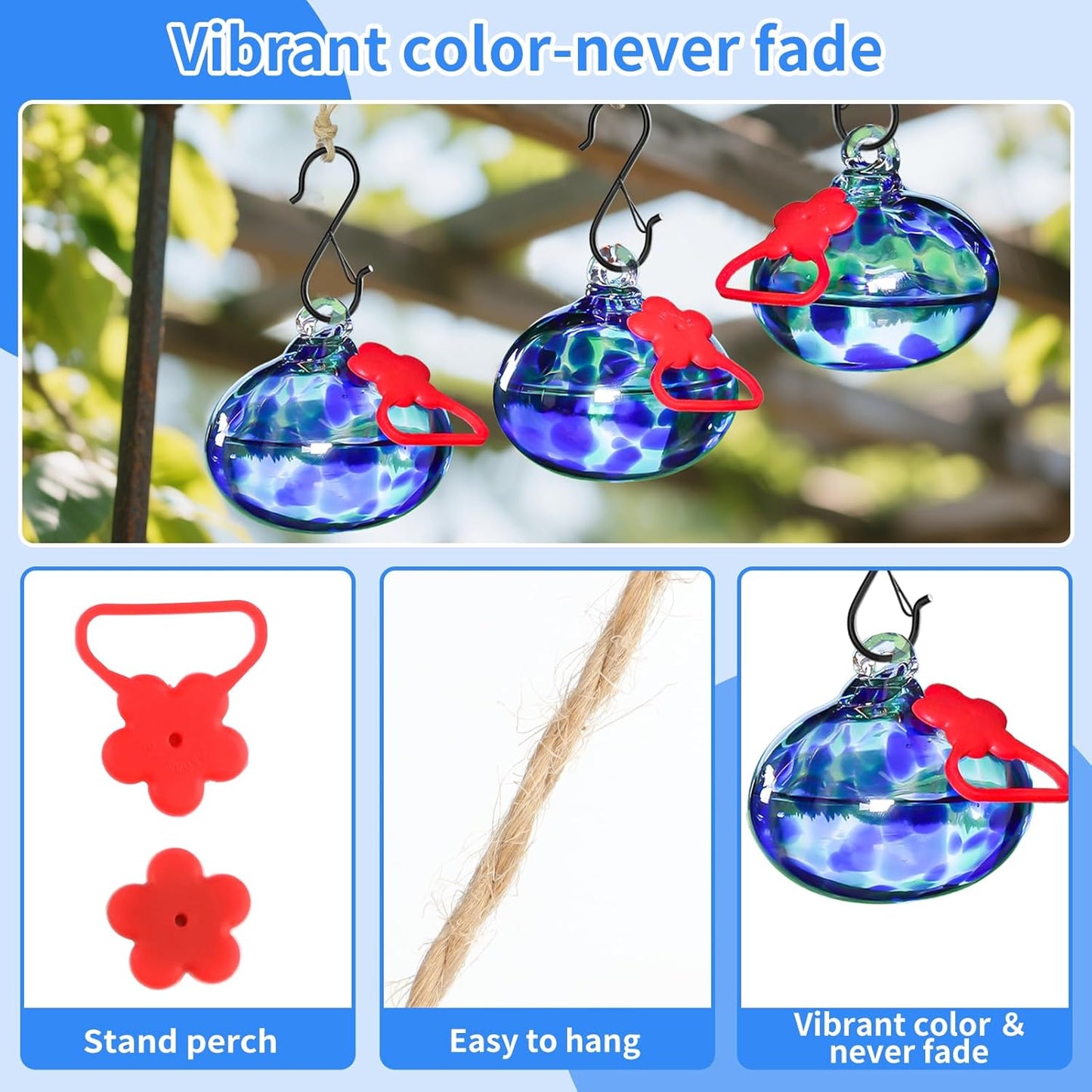 Set of 3 Hummingbird Feeders for Outdoors Hanging,Hand-Blown Glass Hum