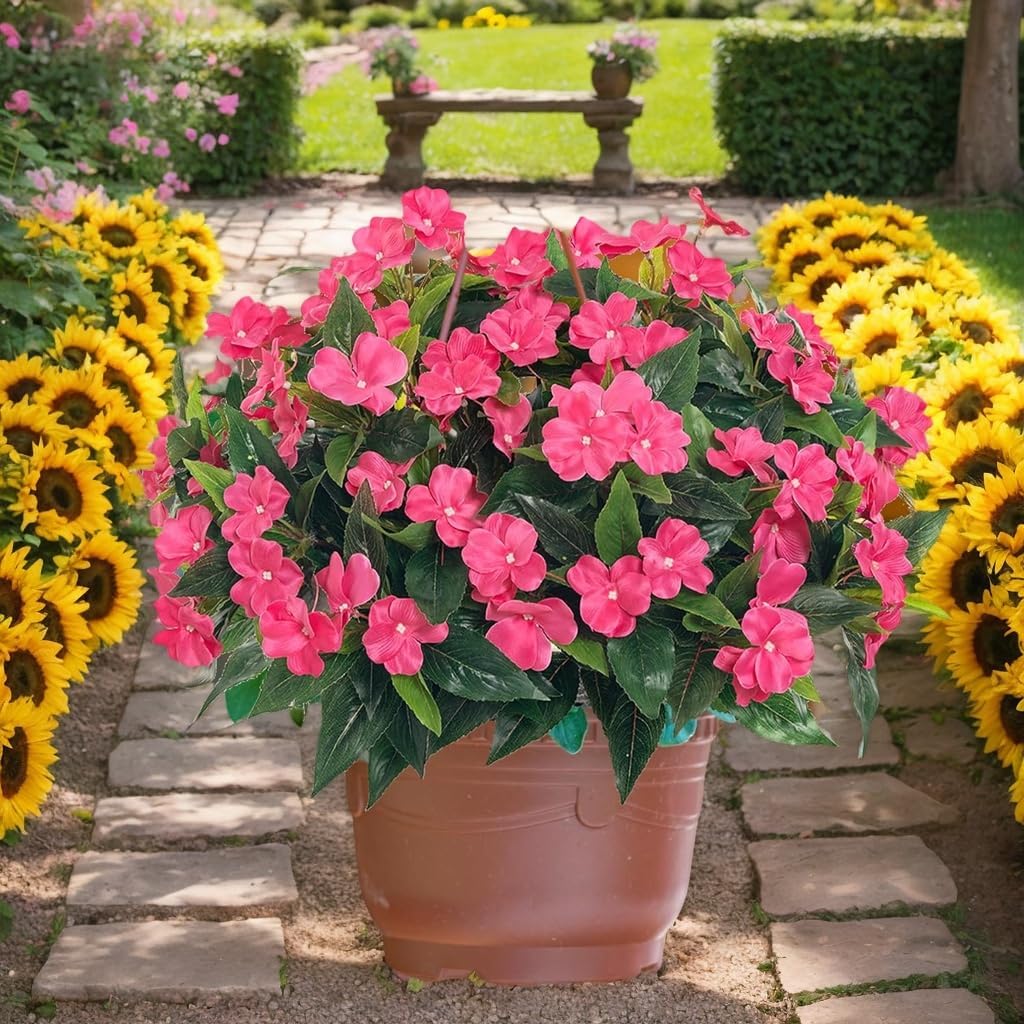3pcs Artificial Impatiens - Outdoor Faux Flowers for planters, Silk Faux Outdoor Flowers for Patio Lawn Garden Pot Hanging Basket Porch Decoration (Rose Red)