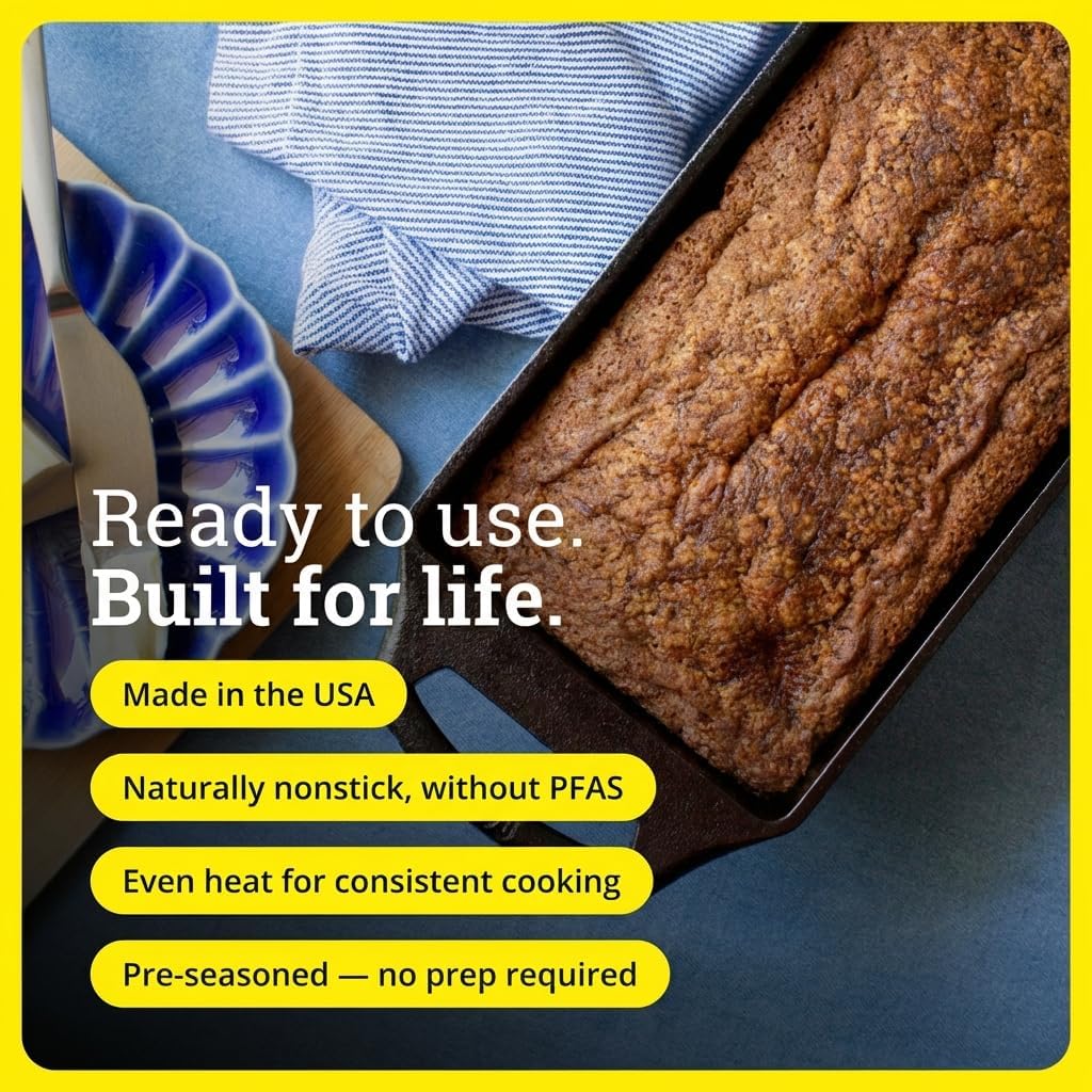 Lodge Cast Iron Loaf Pan - 8.5 x 4.5 Inch PFAS-Free Bread Baking Pan -