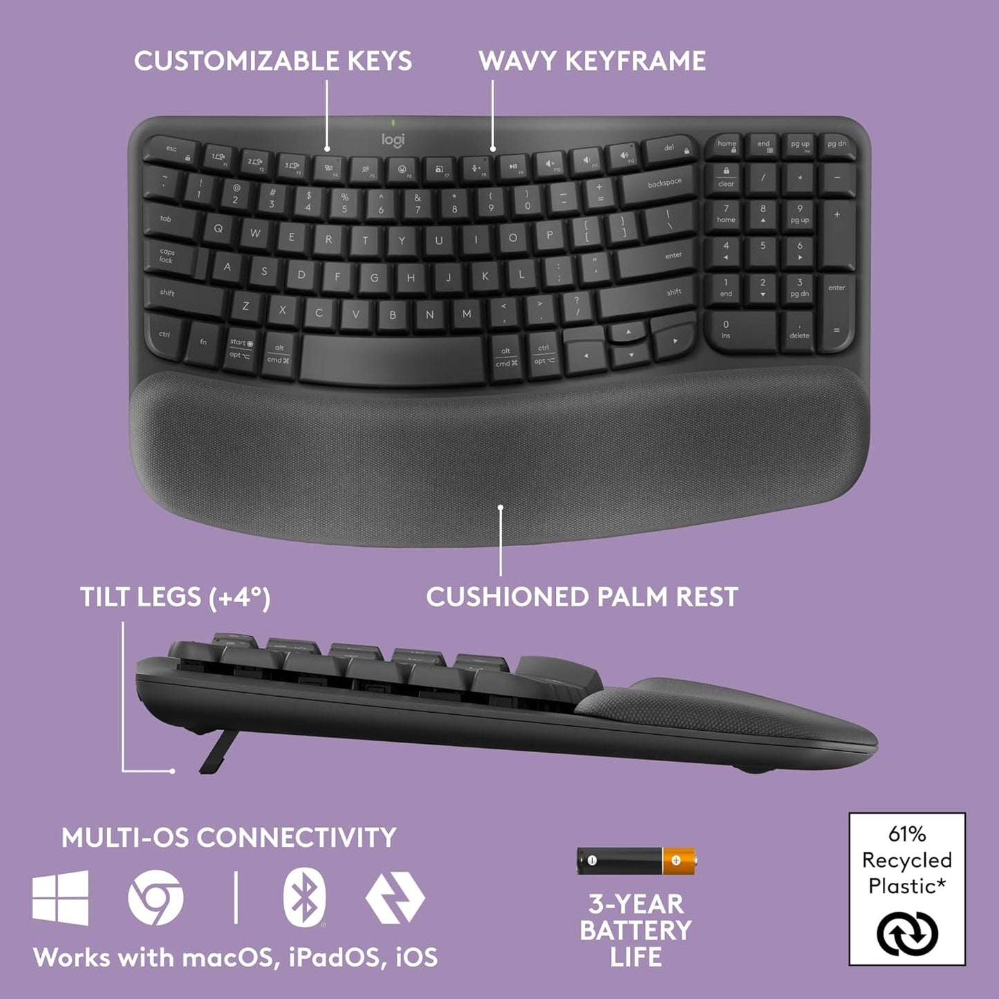 Logitech Wave Keys MK670 Combo, Wireless Ergonomic Keyboard with Signa
