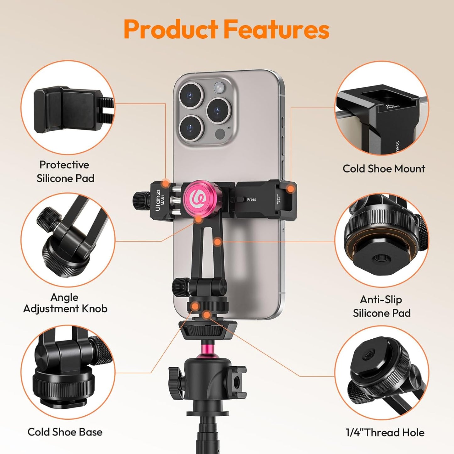 ULANZI MA61 Metal Phone Tripod Mount with Cold Shoe, 360° Adjustable Hot Shoe Camera Phone Mount for iPhone 17 16 15 14 Pro Max, Samsung, Aluminum Alloy Clamp for Vlogging, Live Streaming, Video