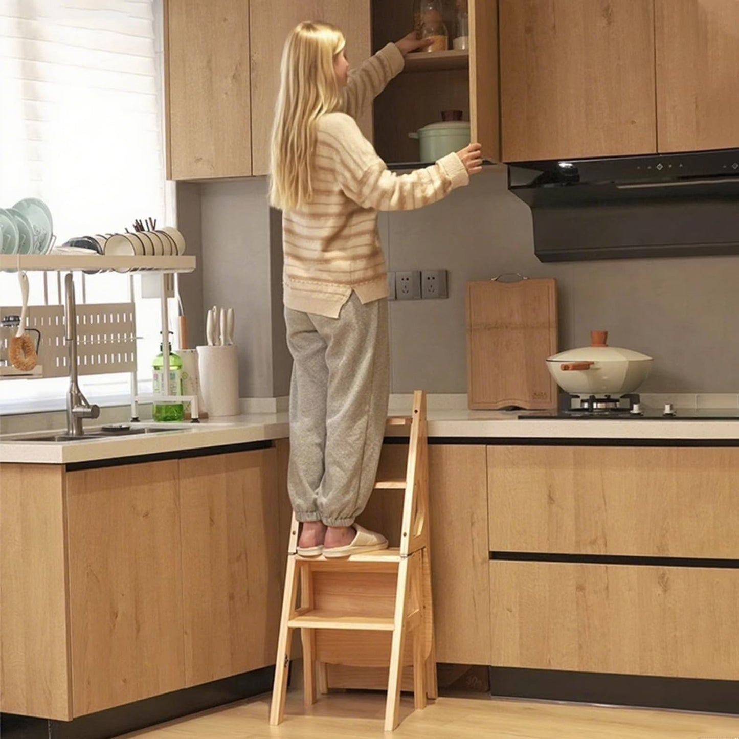 Solid Wood 3-in-1 Folding Ladder Chair, Convertible Step Stool & Display Rack, 4-Tier Multi-Functional Ladder, Dual Purpose for Home, Kitchen, Library, 265 lbs Capacity (Walnut Color, 13 x 18 x 35 in)