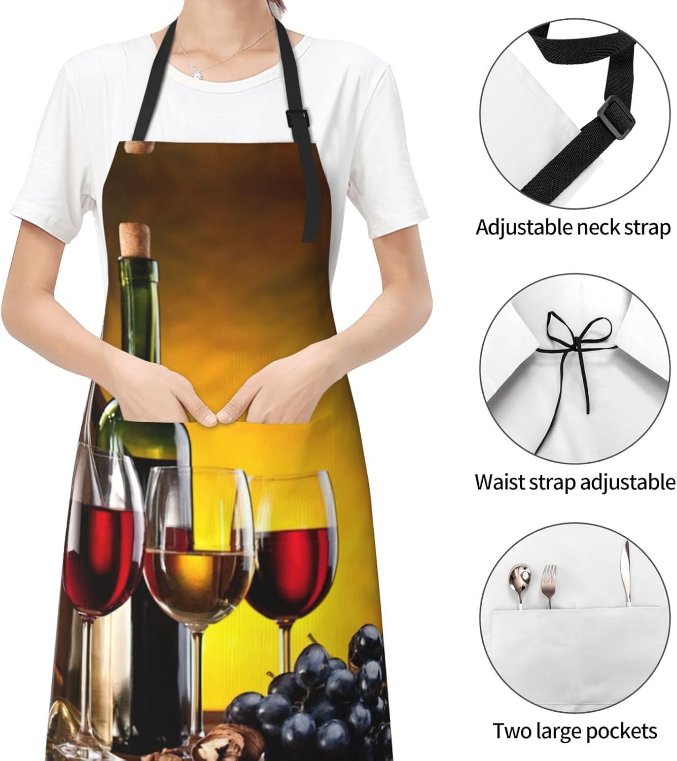 Grapes Wine Bottles and Drink Print 28 x 33in Waterproof Apron with Pockets Fashionable Versatile Smock for Baking