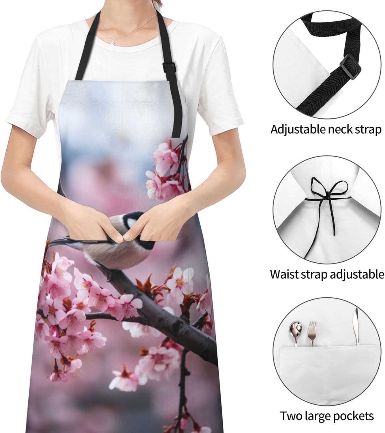 Spring Bird print Waterproof apron with pocket adjustable cooking apron for adult kitchen bibs to bake