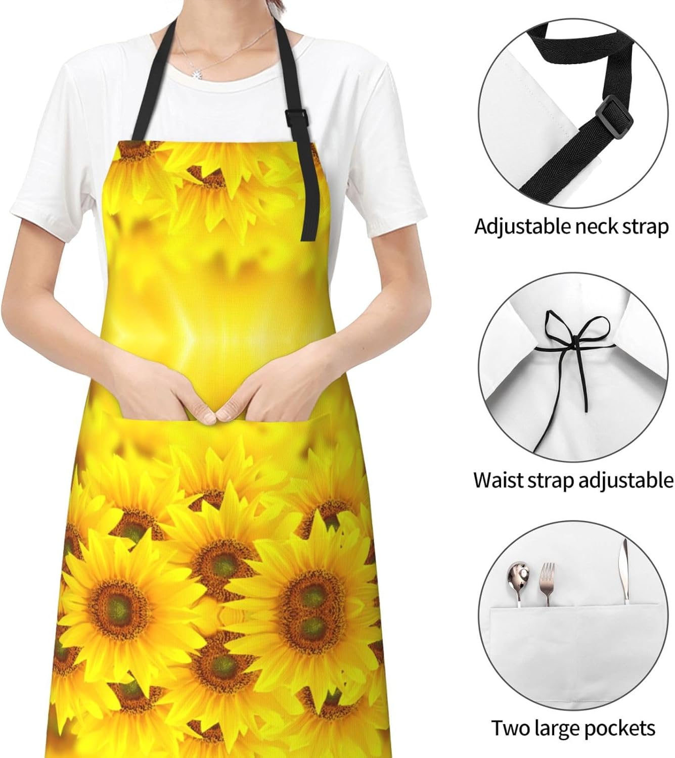 Yellow Sunflower print Waterproof apron with pocket adjustable cooking