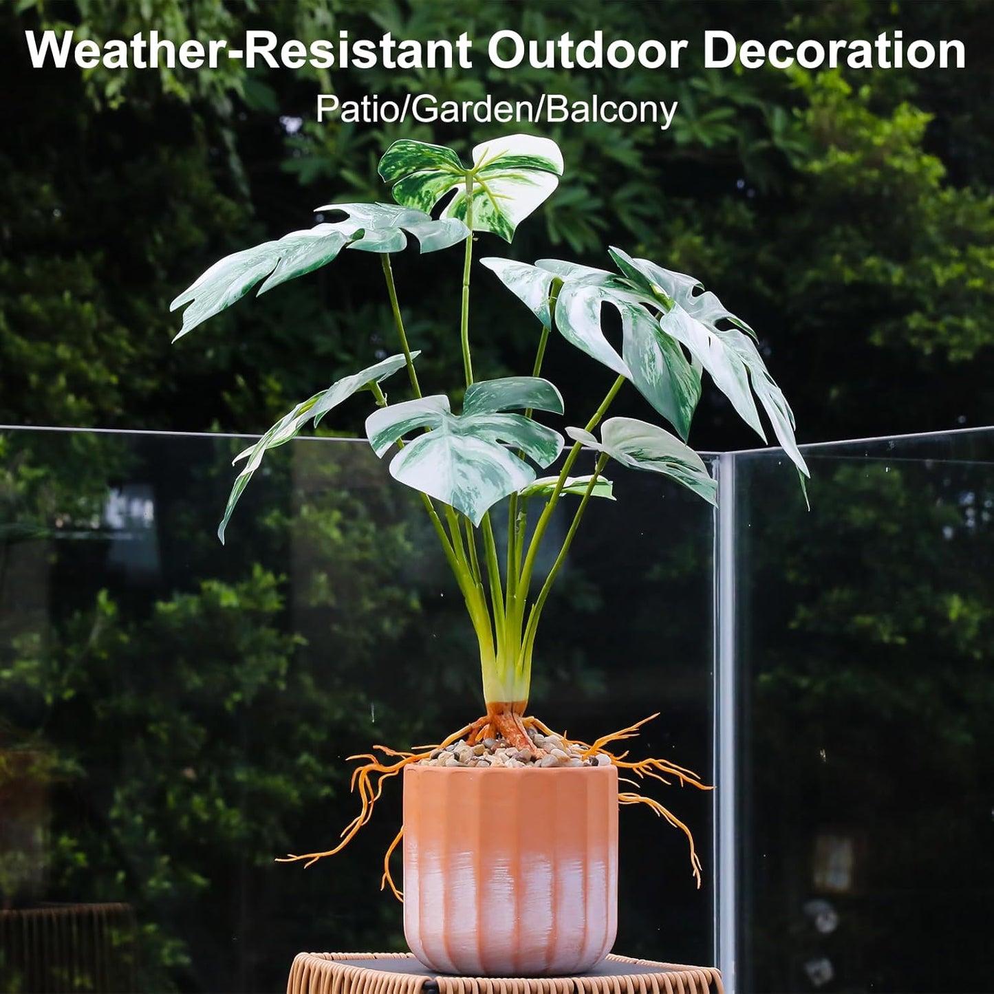 Tall Fake Monstera Plant, 8 Leaves Faux Tree in Red & White Ceramic Pot, Artificial Plants Indoor & Outdoor, Decorative Floor Plant for Living Room, House Decor