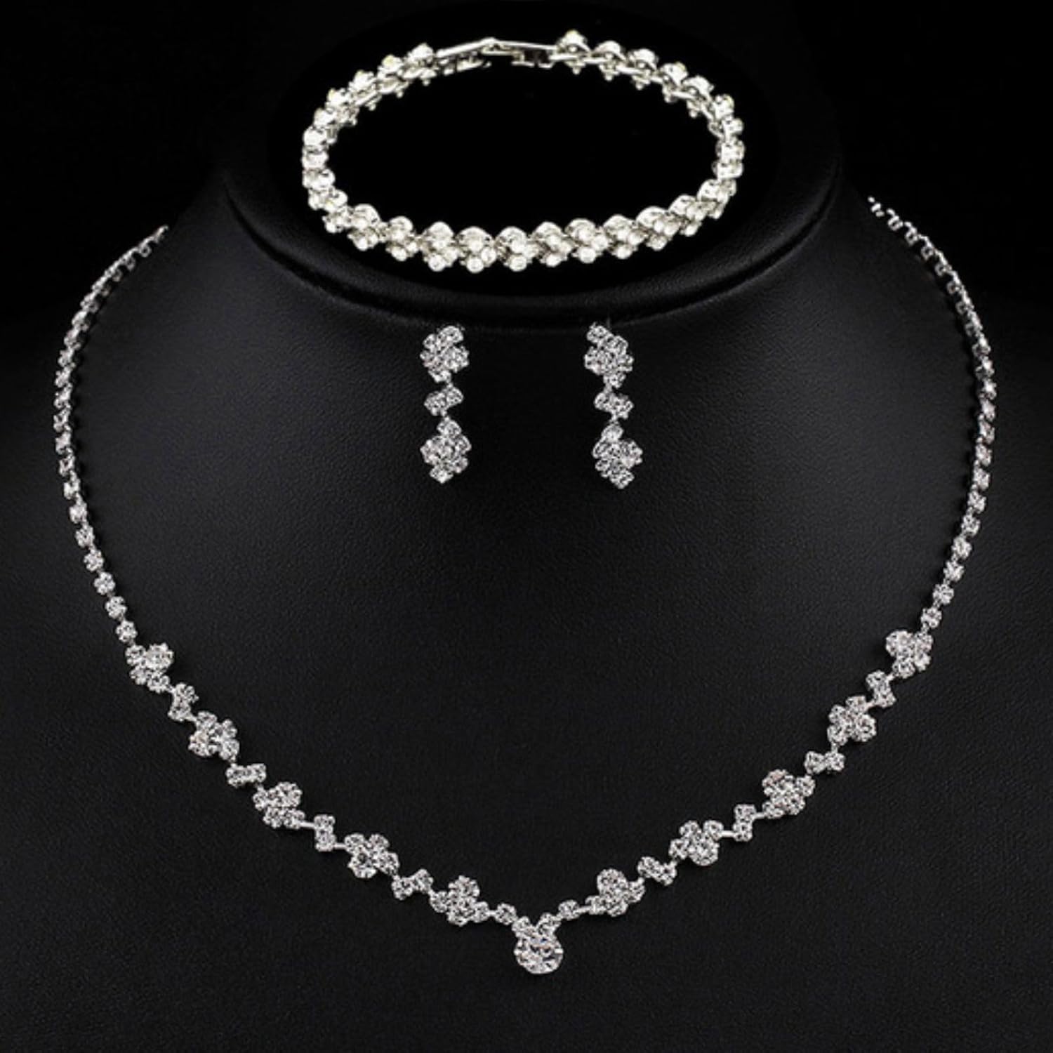 Crystal Wedding Jewelry Set, Silver Necklace Earrings Bracelet Crystal