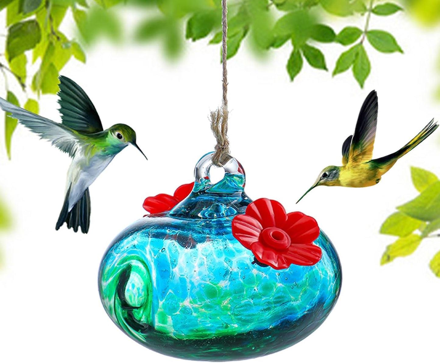 3inch Blown Glass Hummingbird Feeders for Outdoors Small Glass Hummingbird Feeders to Attract Hummingbirds Ant and Bee Resistant Round Feeder Unique Gifts for Woman - 2 Feeding Ports