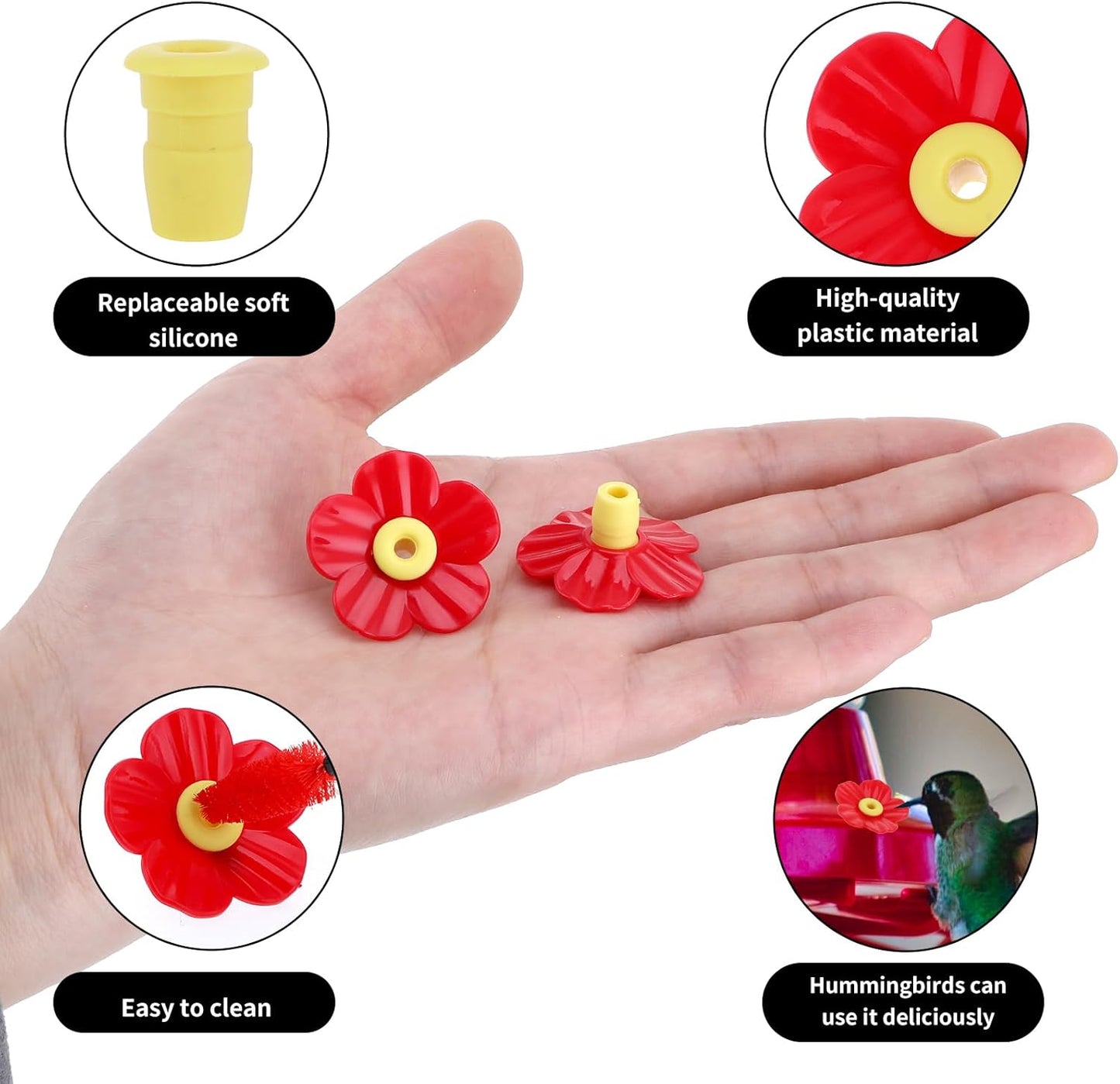 26pcs Hummingbird Feeders Replacement Flowers, Hummingbird Feeder Replacement Flowers with 2 Cleaning Brush, Hummingbird Feeder Parts for Outdoor Hanging Feeders(Red)