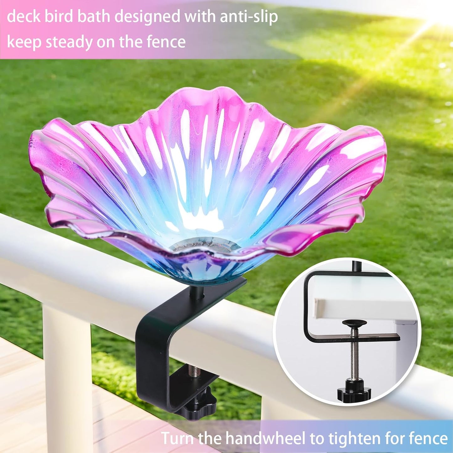MUMTOP Deck Mounted Bird Baths for Outdoors, Glass Bird Baths Bowl wit