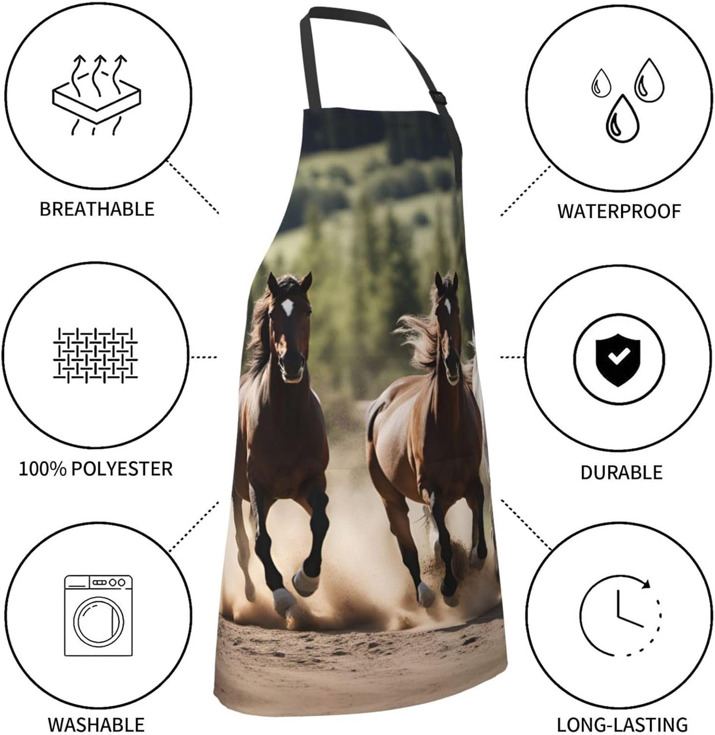 Three running horses print Waterproof chef's apron with pocket apron for kitchen cooking baking barbecue and gardening