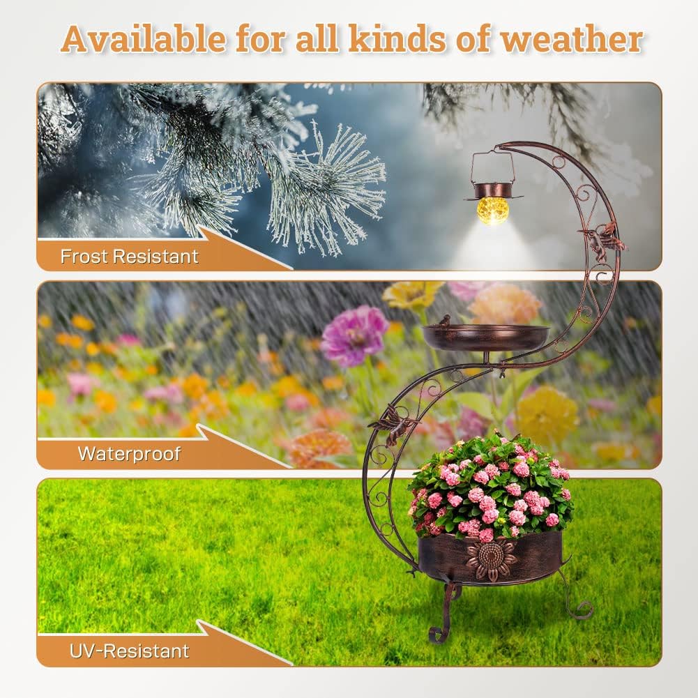 VEWOGARDEN S Bird Baths for Outdoors Metal Standing Bird Bath with Solar Lamp Vintage Garden Birdbaths with Flower Planter Pedestal(36" H * 19.6" W)