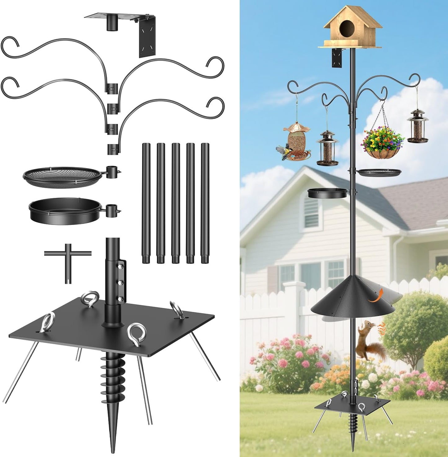 2026 Upgraded Heavy Duty Bird Feeder Pole,92 Inch Squirrel Proof Adjustable Bird Feeding Station,4 Shepherd Hooks for Feeder Stand, Includes Water Bowl and Mesh Tray,for Outdoor Garden & Yard
