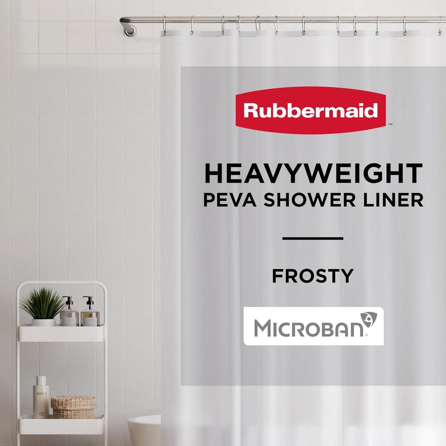 Rubbermaid Heavyweight PEVA Shower Curtain Liner, Waterproof Shower Liner with Rustproof Metal Grommets and Weighted Magnetic Hem, BPA-Free, 70 x 72 Inches, Frosty with Charcoal Grommets