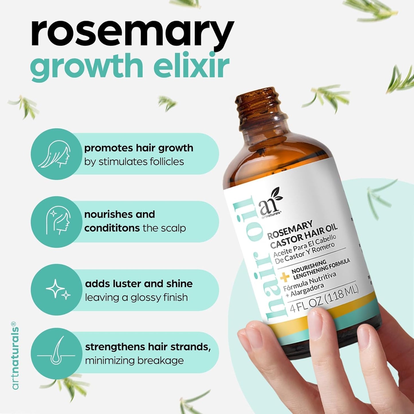 Artnaturals Organic Rosemary Castor Hair Oil + Massager Hair Growth Se