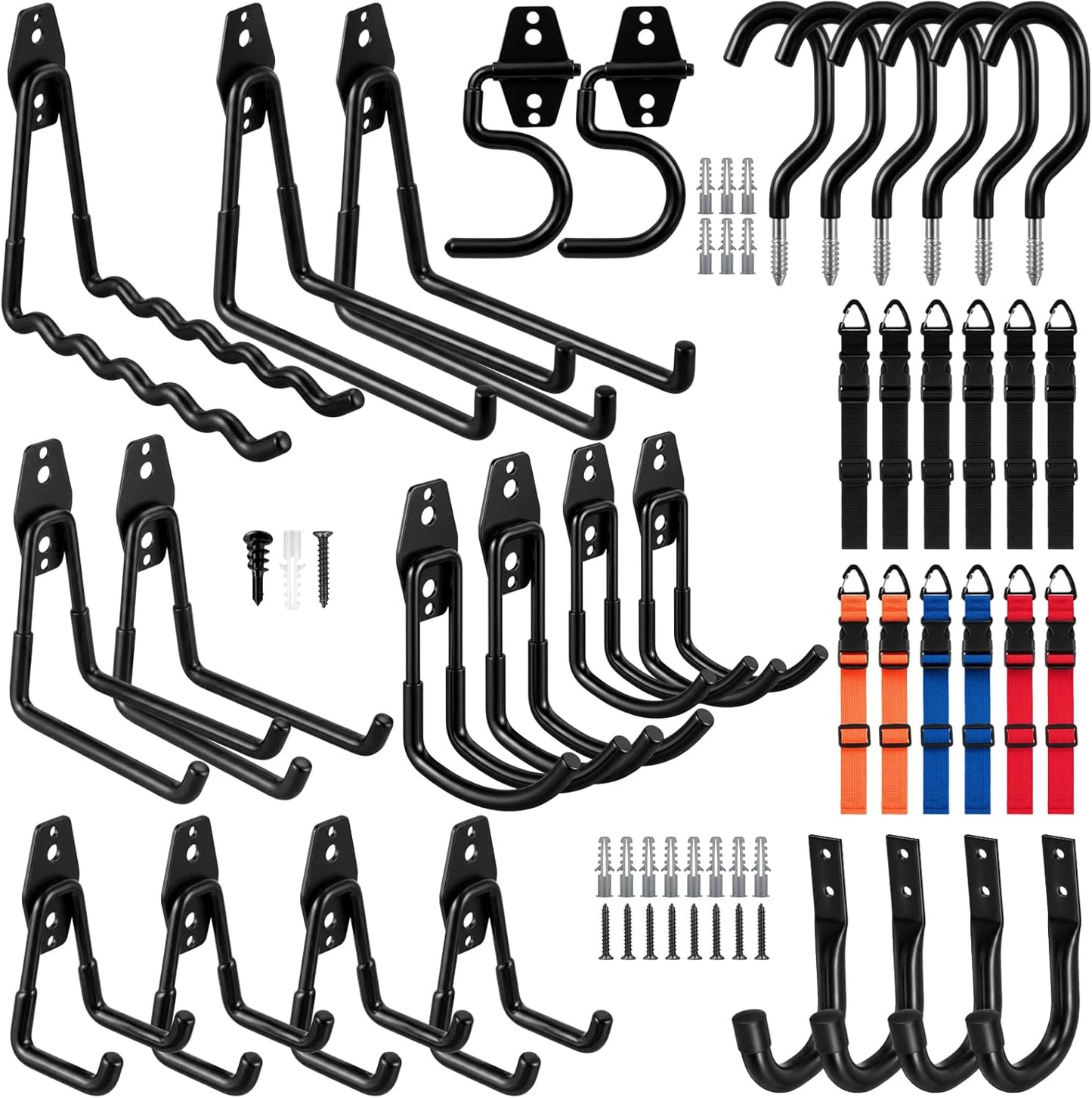 37 Pack Heavy Duty Garage Storage Hooks Set, Steel Wall Mount Garage Hooks with Anti-slip Coating and 12 Adjustable Triangle Straps, Multi-size Organizer for Hanging Bike, Ladder, Garden Tools