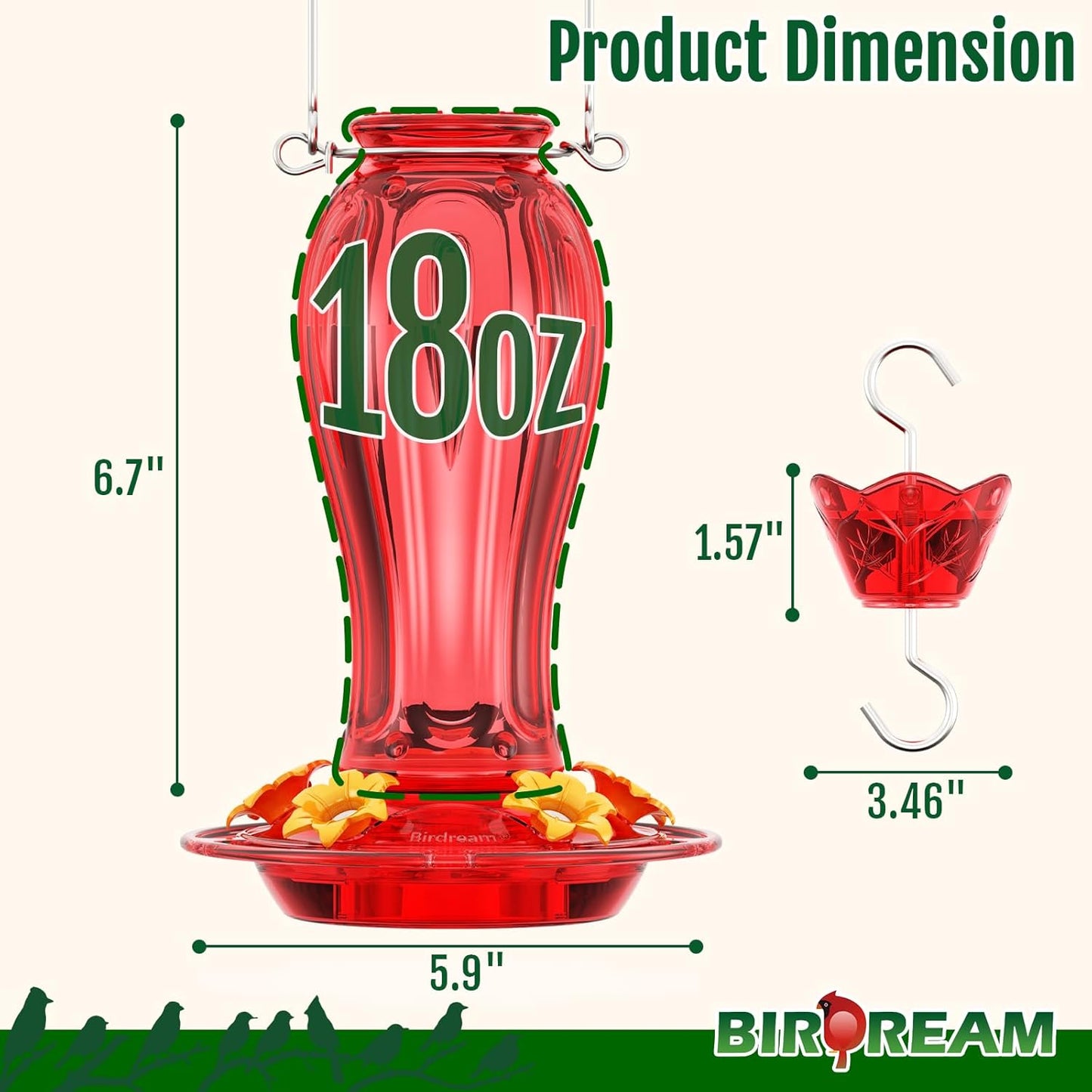 Birdream Glass Hummingbird Feeder for Outdoors, 18oz Hanging Nectar Holder with Ant Moat 5 Feeding Ports, Decorative Bird Feeder for Garden Patio Backyard, All Red