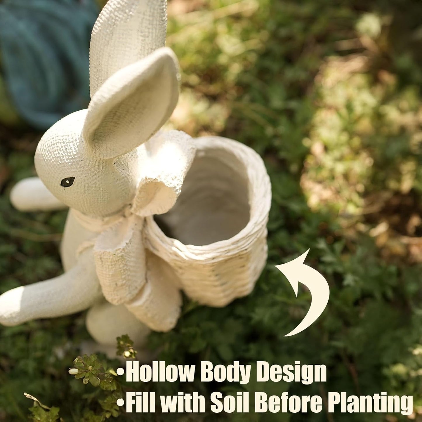 Rabbit Planter for Succulents – Indoor Outdoor Resin Bunny Flower Pot with Hollow Basket, Cute Garden Decoration for Real or Artificial Plants