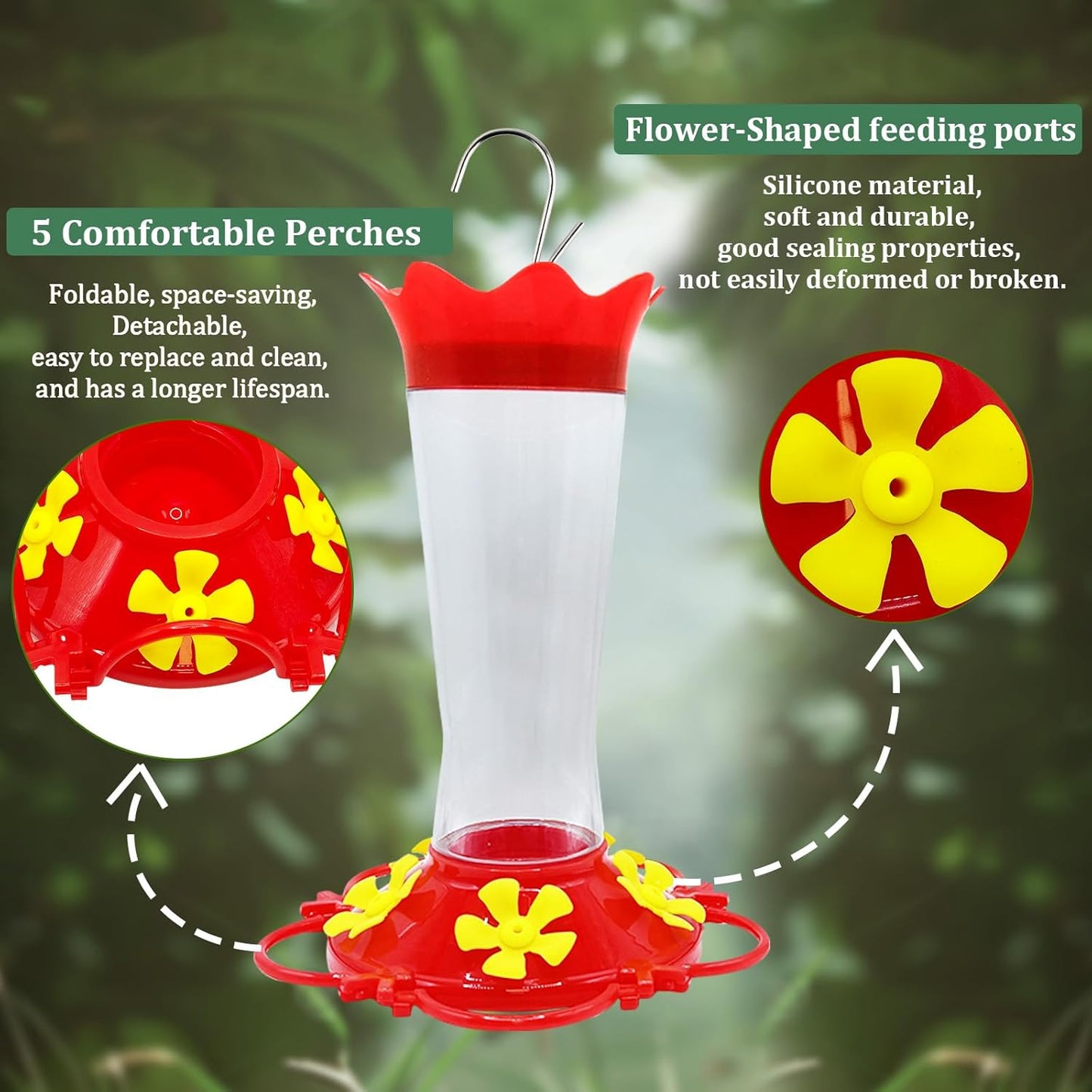 Hummingbird Feeders for Outdoors Hanging Ant and Bee Proof,2 Pack Humming Birds Feeders for Outside,13.5OZ Red Plastic Flower Bird Feeders 5 Feeding Ports Bird Nectar Feeder for Garden Décor Gifts