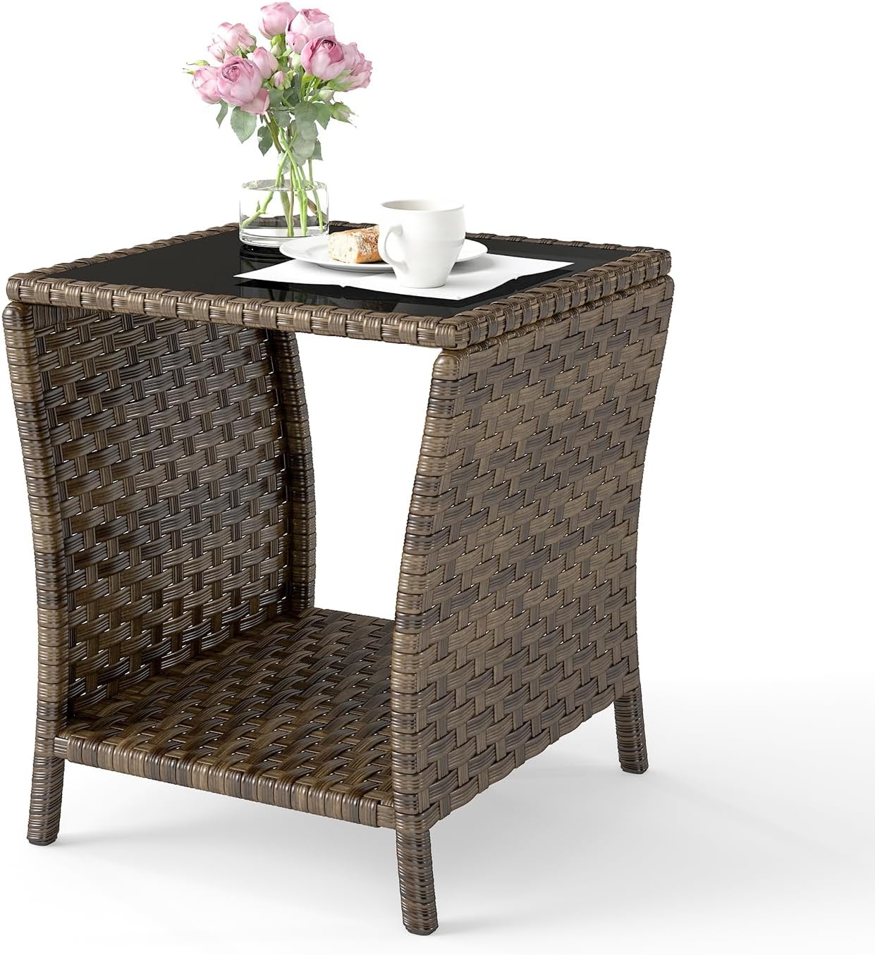 Outdoor Wicker Side Table Rattan Side Tables End Table for Patio with 