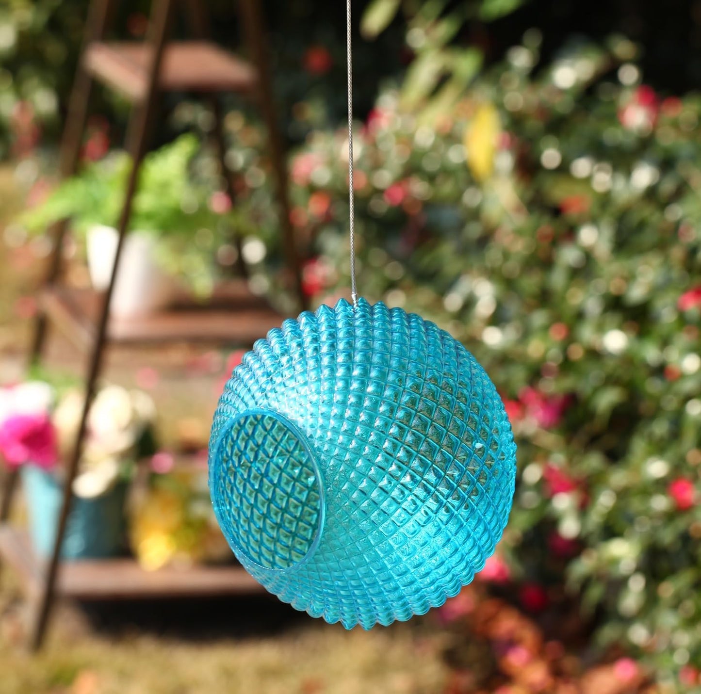 Topadorn Wild Bird Feeder Fly Through Garden Hanging Bird Feeder Mosaic Circle Squirrel Proof for Outdoor Decoration, Blue