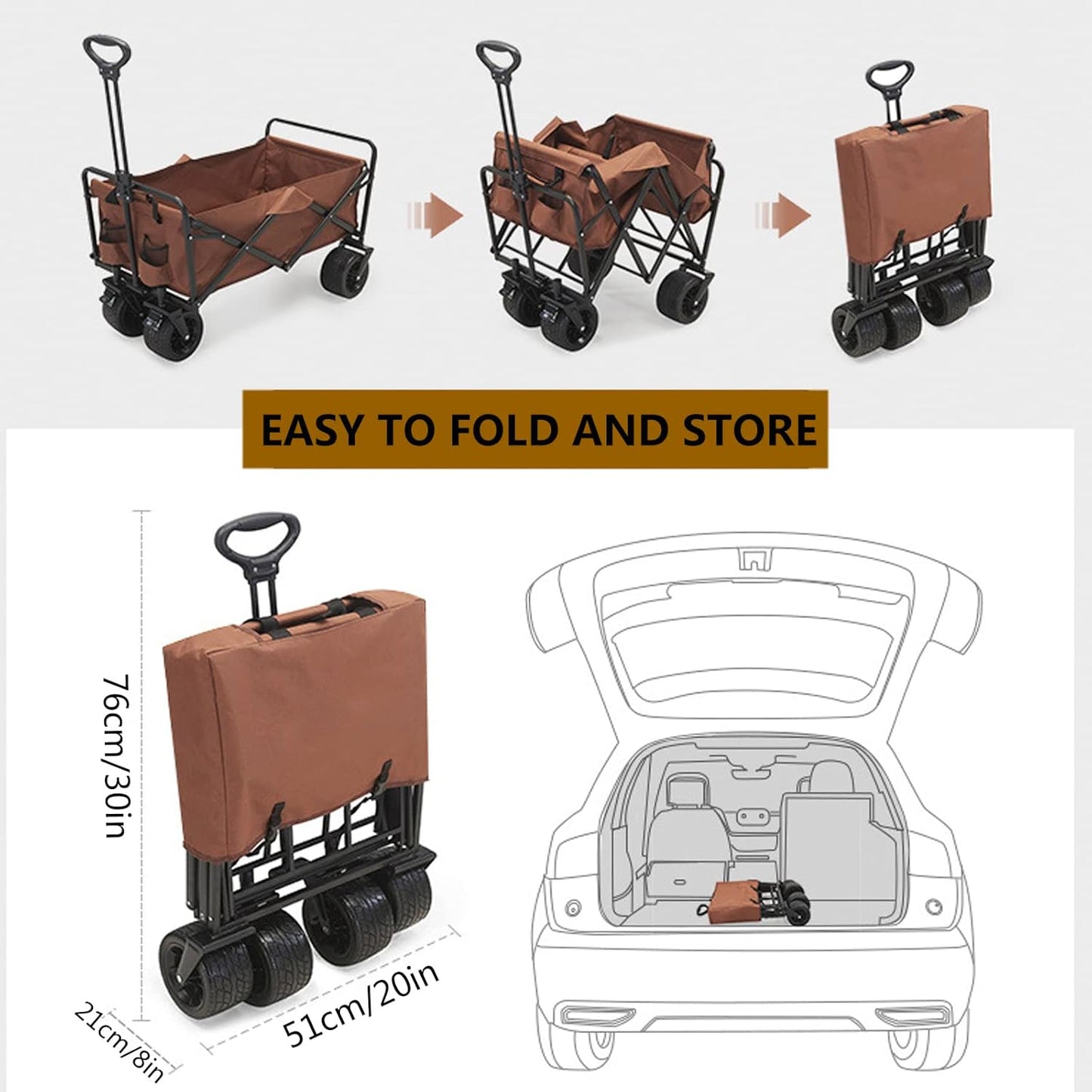 Heavy Duty Collapsible Folding Wagon - All-Terrain Beach & Garden Cart with Wide Wheels, Large Capacity Utility Cart for Camping, Shopping & Sports, Brown
