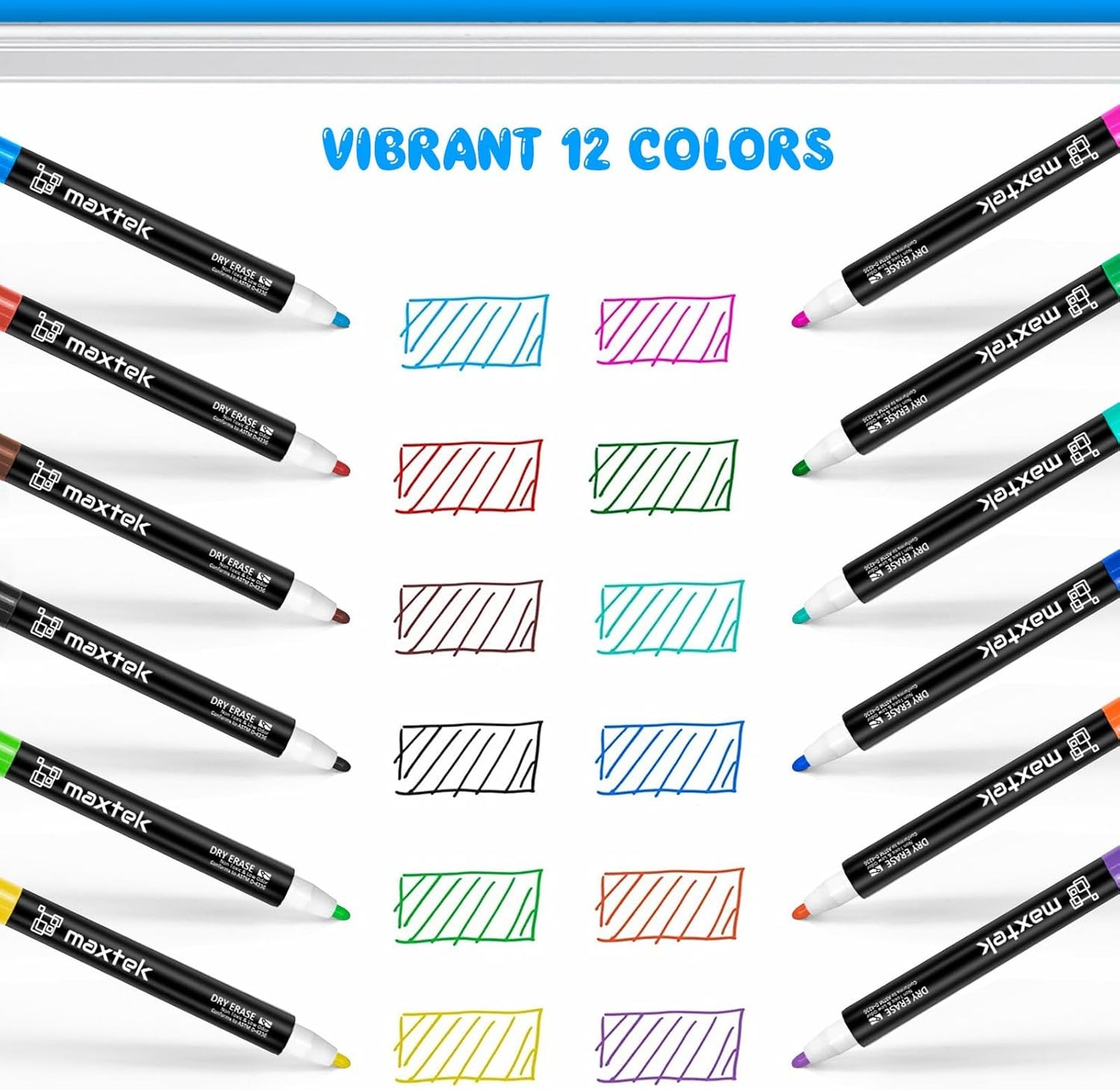maxtek Magnetic Whiteboard Markers - 12 Count Colorful Fine Tip Dry Er