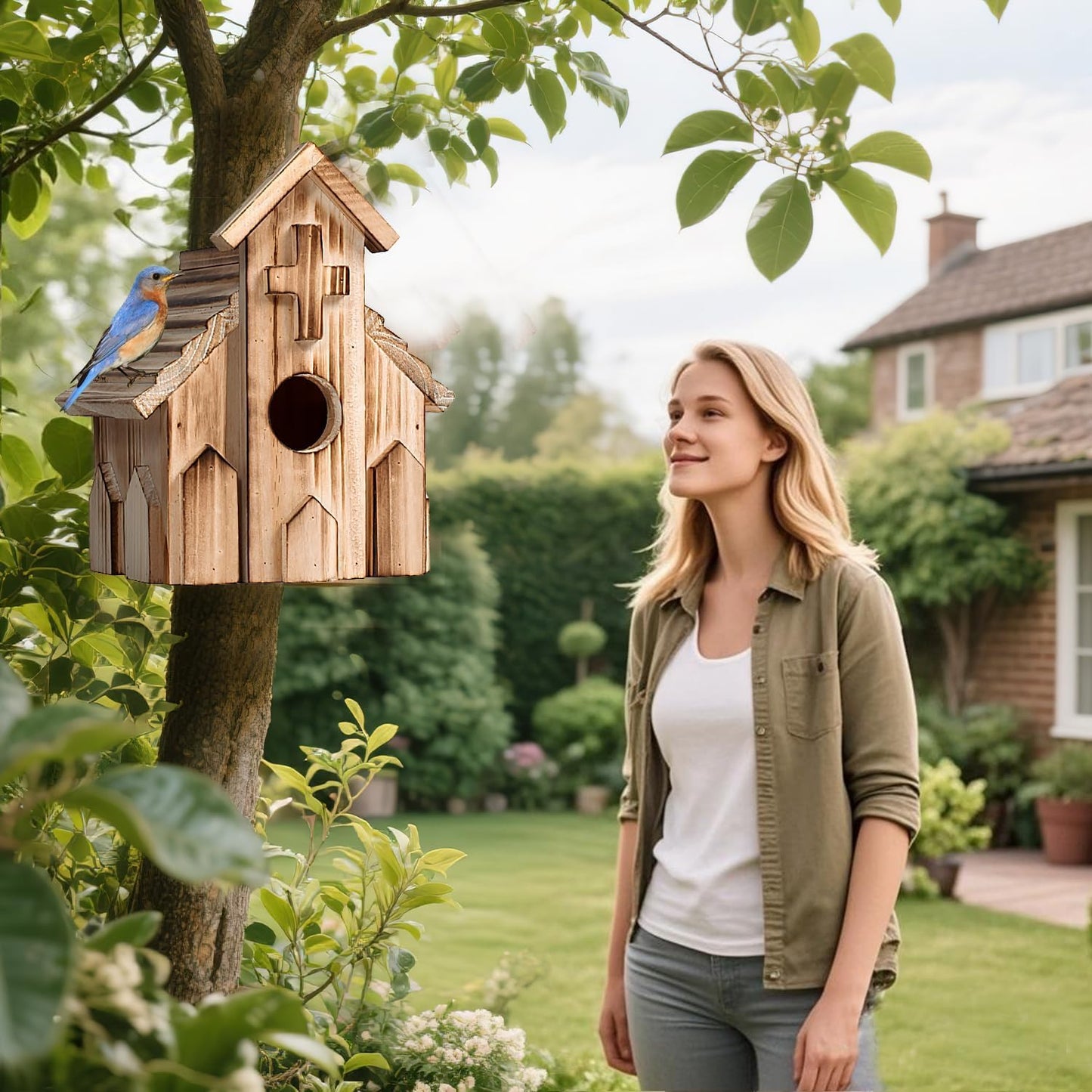Church-Shaped Wooden Birdhouses, Cross Design Bird Houses for Outside, Hanging Birdhouse for Bluebird, Robin, Cardinal, Sparrow, and Finch, Bird Nesting Box for Outdoor Garden Decoration