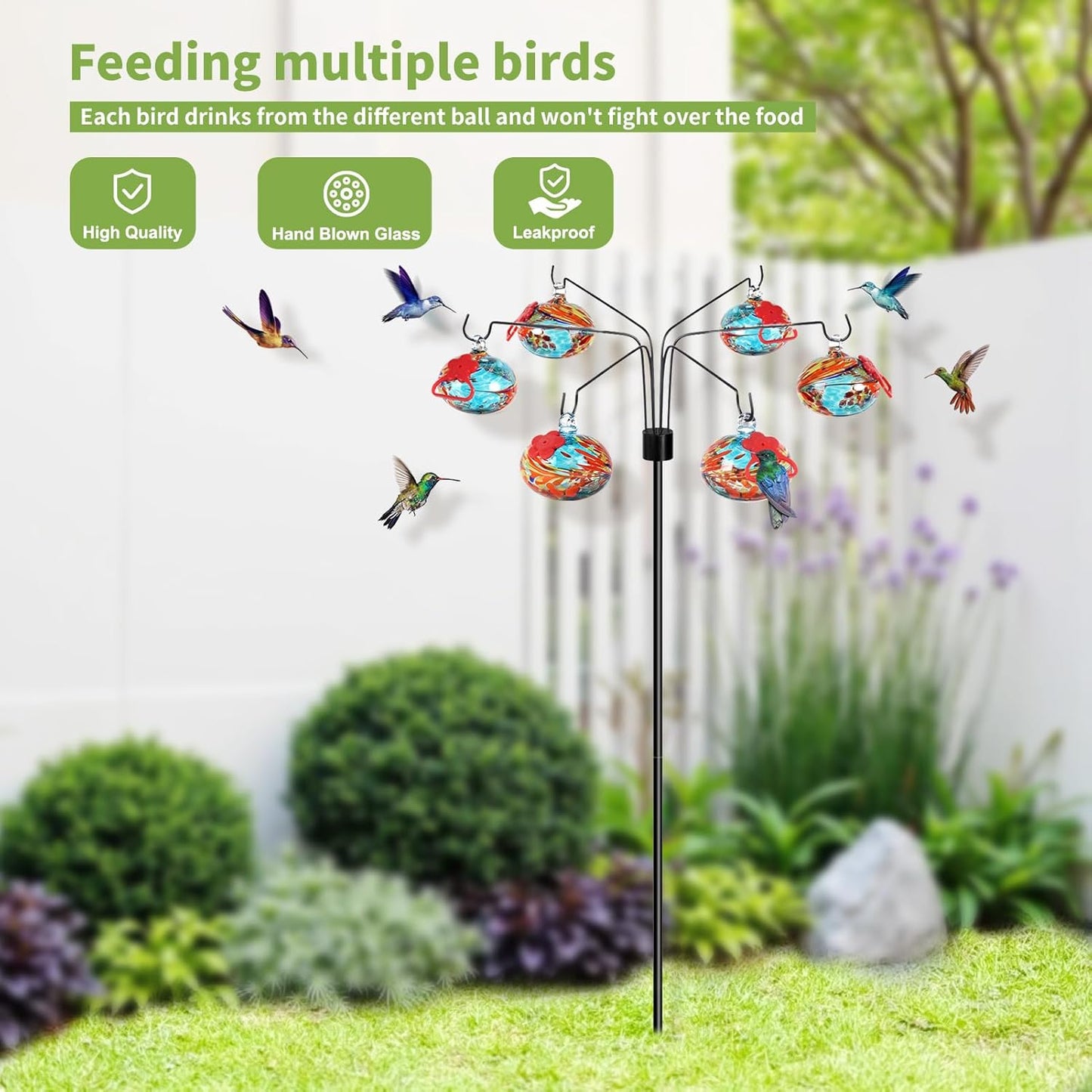 Decorative Hummingbird Feeders for Outdoors Hand-Blown Glass Hummingbird Feeders Stand 6 Feeding Stations Never Leak Garden Decor Backyard,Gifts for Women Mom (Phoenix Tail Blue)