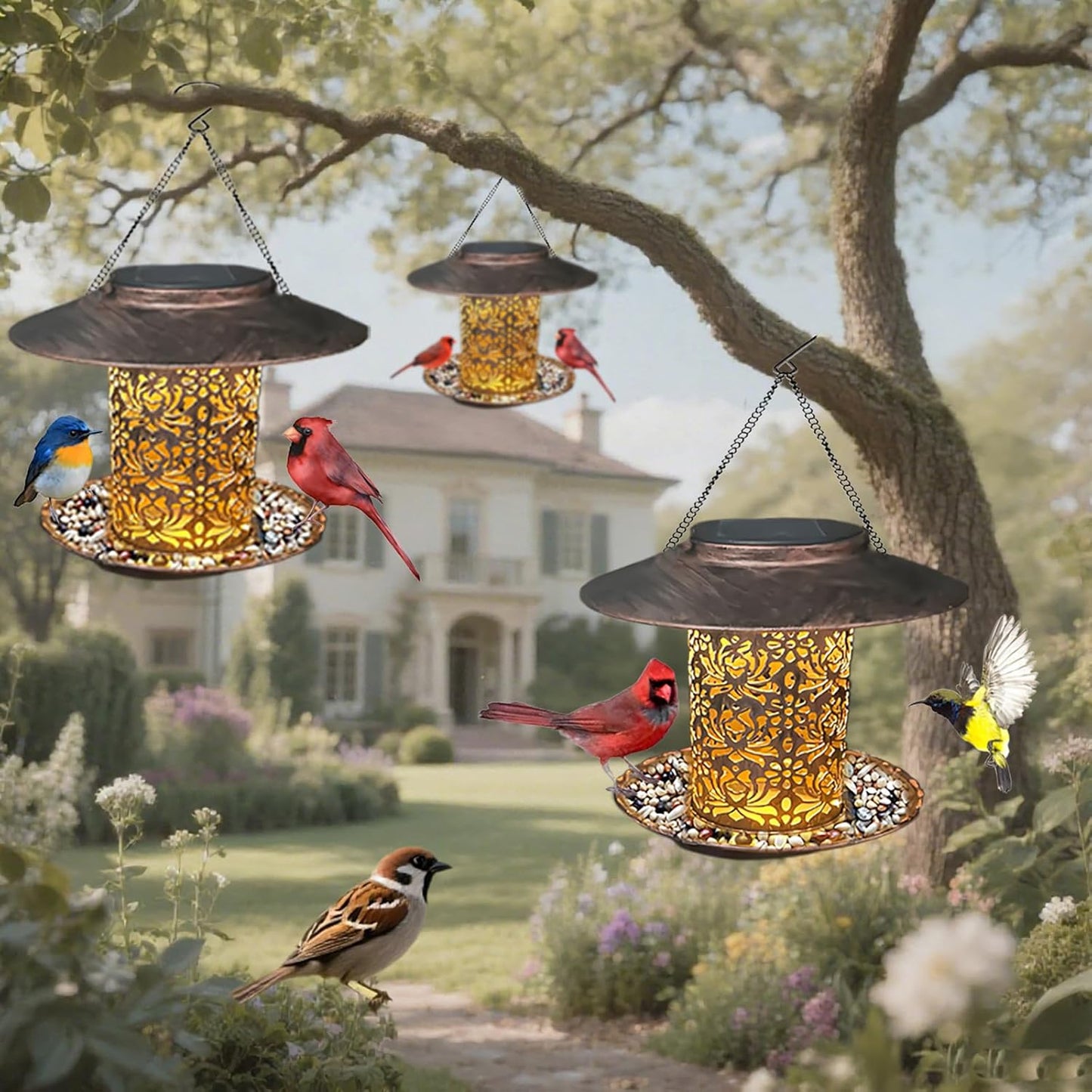 Solar Bird Feeder for Outdoors Hanging,Waterproof Metal Wild Bird Feeder for Finch,Cardinal,Blue Jay Solar Garden Lanterns with S Hook as Gift for Women Mom,Bird Lovers (Large Feeders)