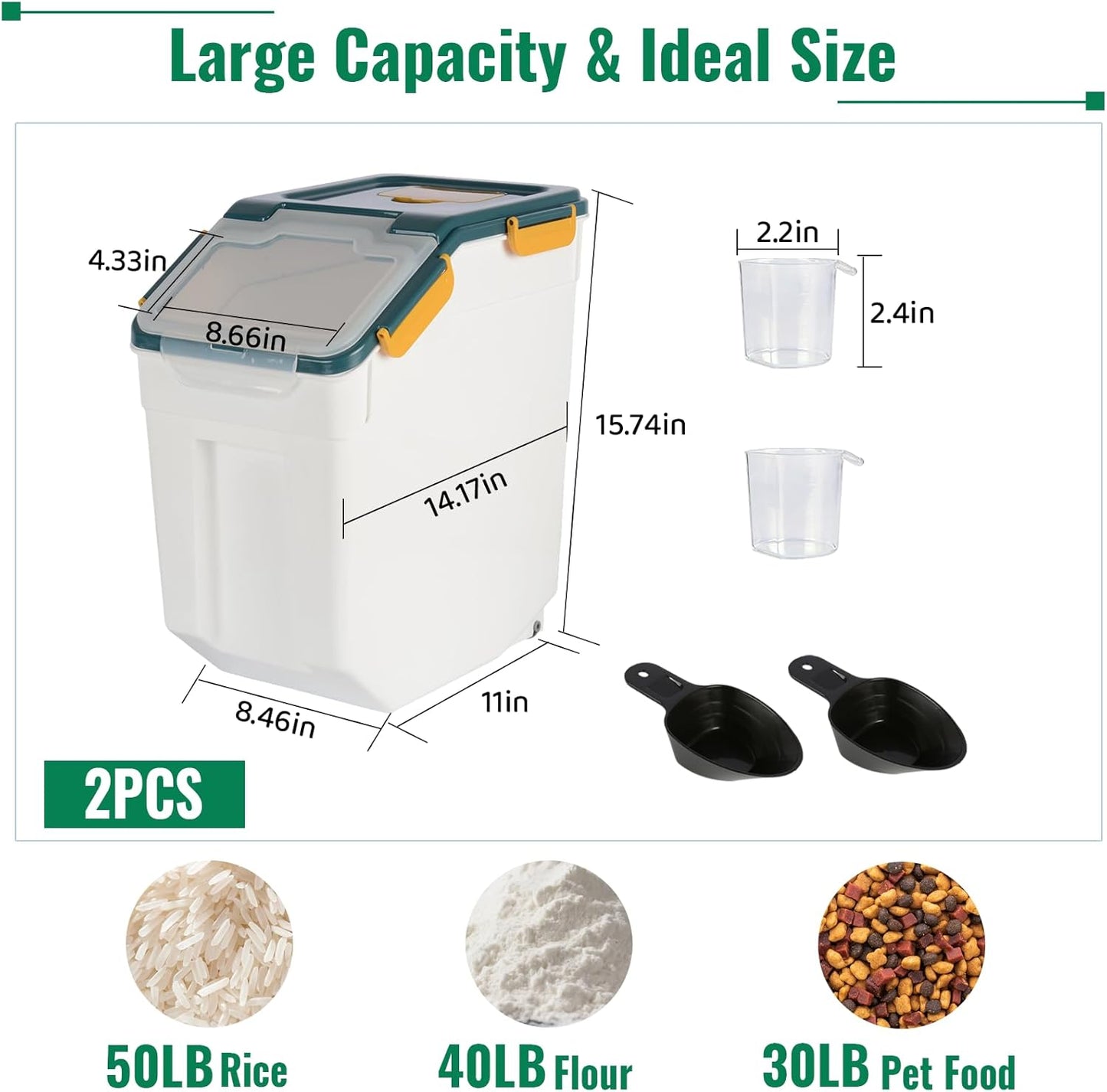 2 Pack Rice Container 50 lbs Large Bulk Flour Sugar Storage Holdhouse Plastic Grain Cereal Dry Goods Bin with Spoon and Measuring Cup for Kitchen Pantry Organization - Blue