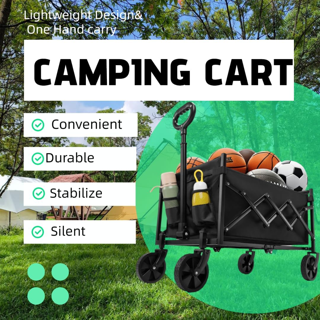 Collapsible Foldable Camping Cart, 200lbs Foldable Wagon Cart with Wheels, 150L Shopping Cart for Groceries Folding Utility Wagon for Beach, Garden, Camping, Sport, Black