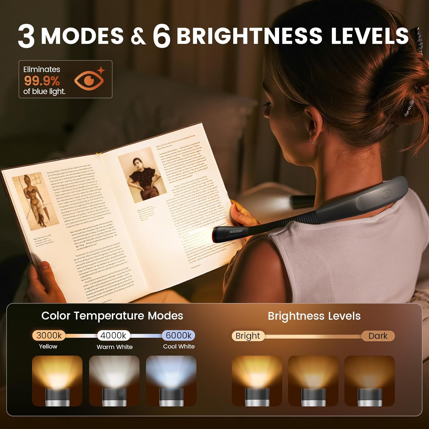 Glocusent Book Light, 3-Color & 6-Brightness Reading Light, Bendable N