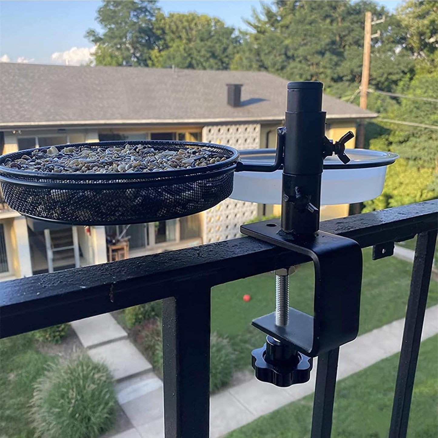 Balcony Bird Feeder, Adjustable Deck Mounted BirdsWater Bowl, 360-Degree Rotatable Feeding Station, Flower Pot Stand for Balcony Bird Bath Outdoor