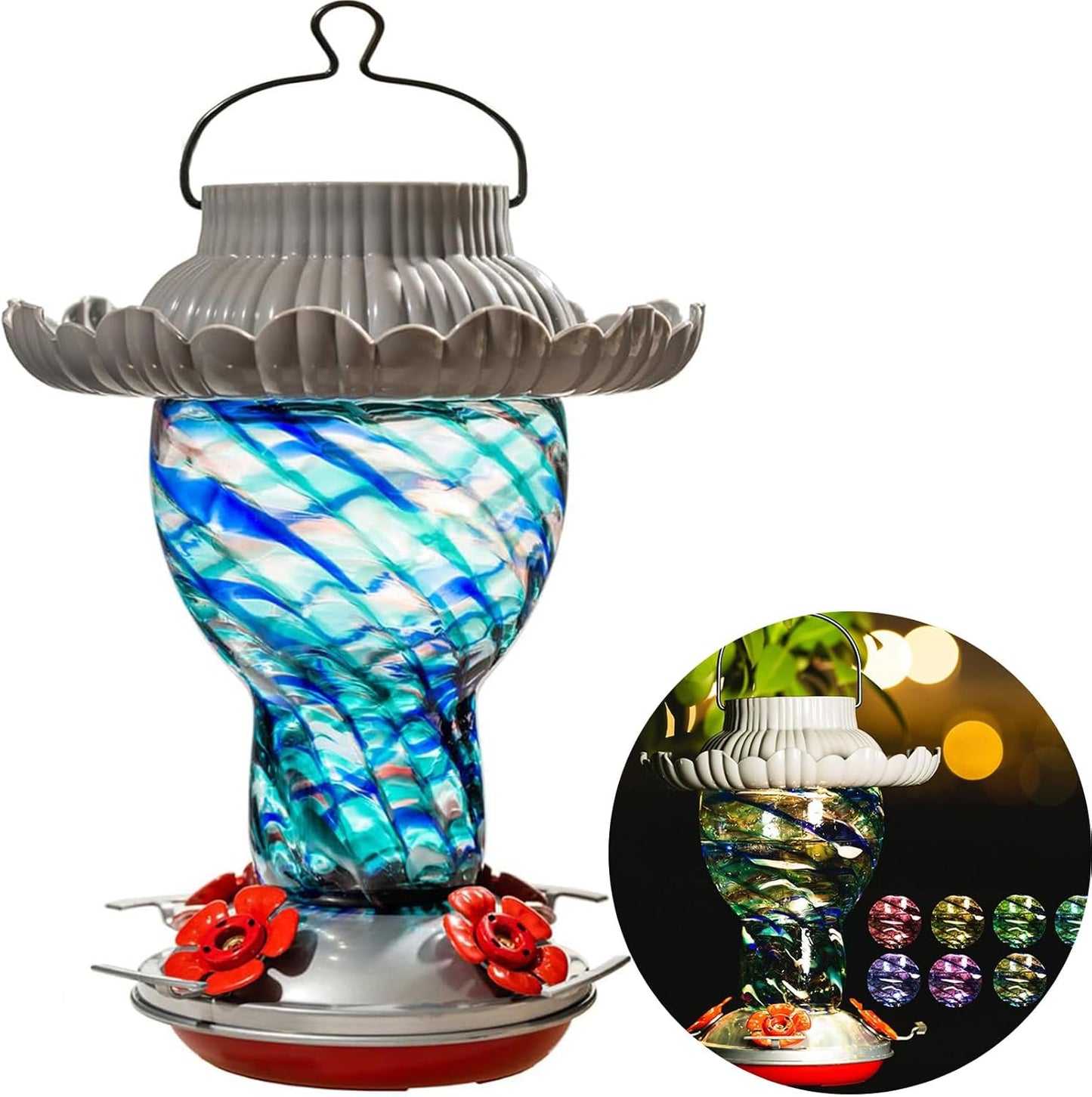 Solar Hummingbird Feeder for Outdoors Hanging Ant and Bee Proof, 25oz Color Changing Light Hand Blown Glass, Leakproof Garden Decor, Gitfs for Bird Lover (Blue)