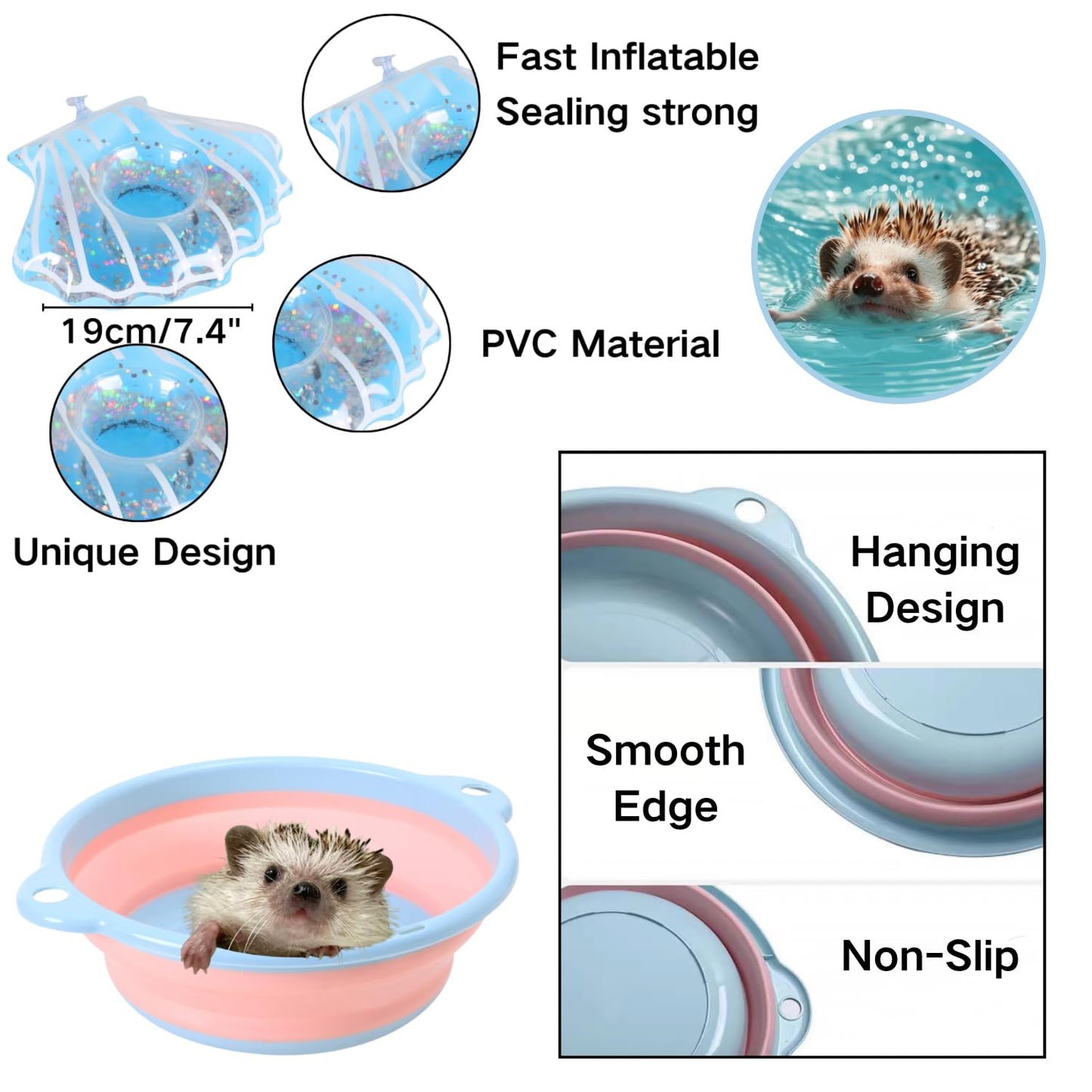 6 Pcs Hedgehog Bath Supplies Kit, Foldable Bathtub and Cleaning Brush 