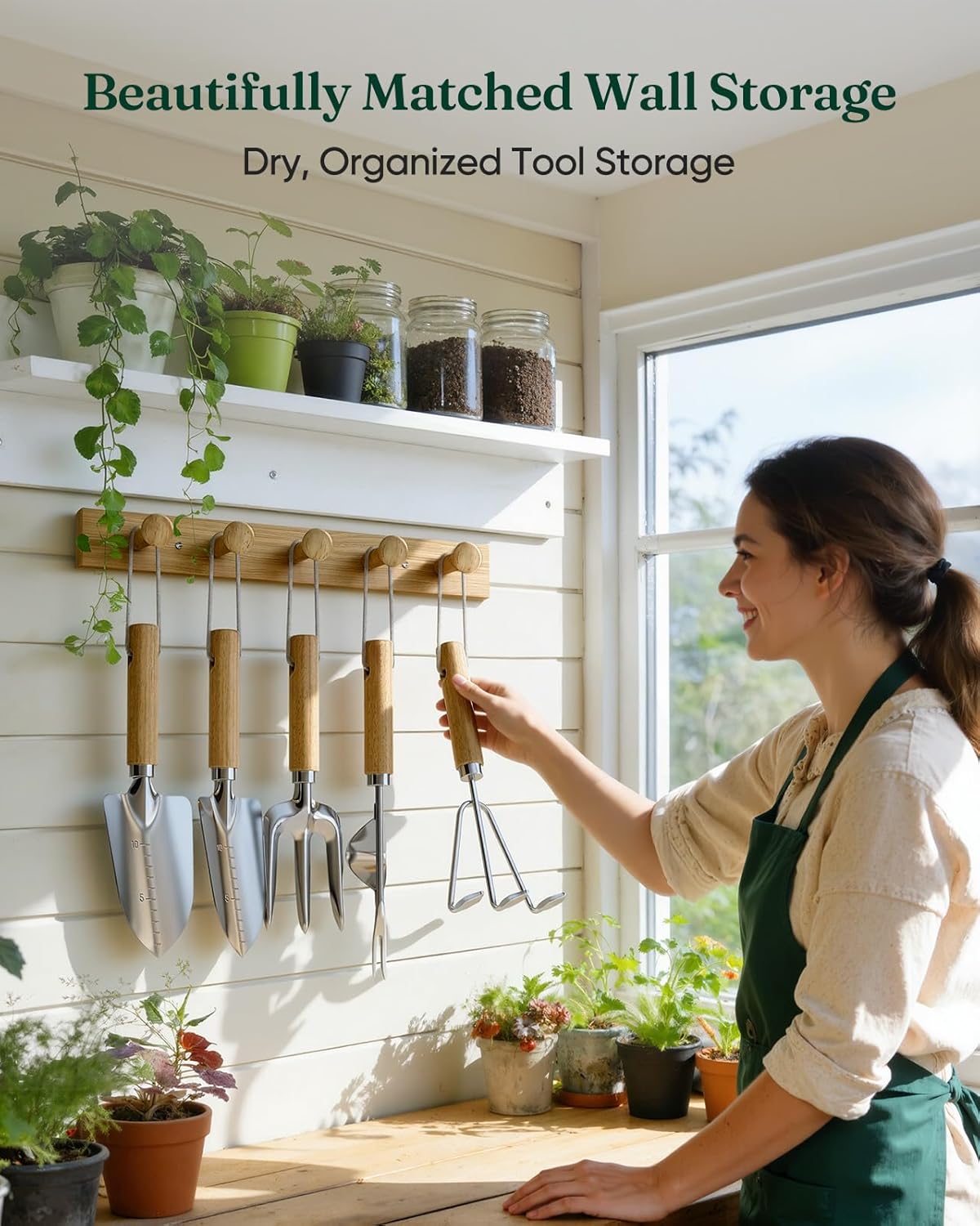 Wood Wall Hooks Organizer Gardening Tool Set, 6-Piece Garden Tools wit