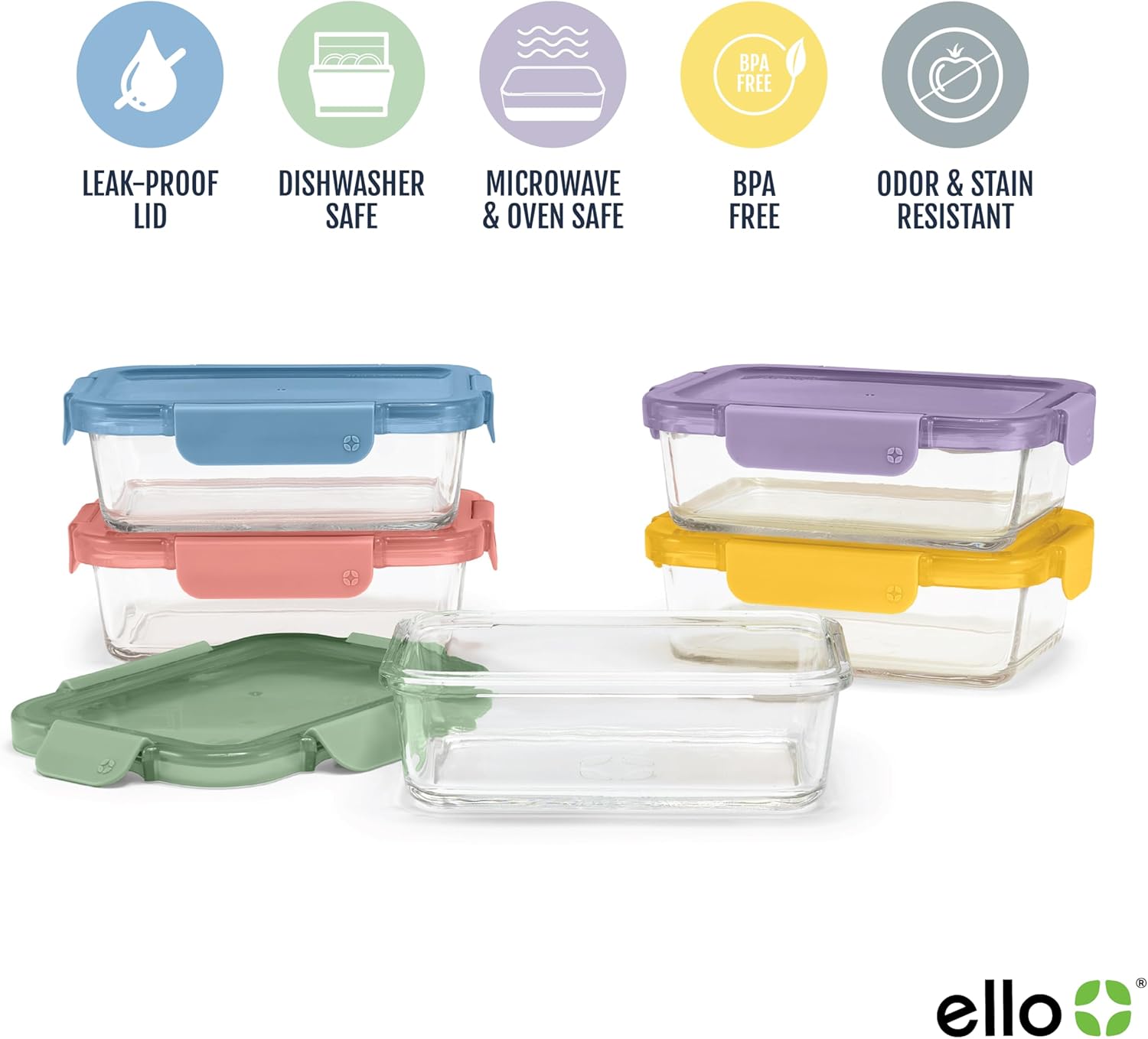Ello Color Lock 3.4 Cup 10PC, 5 Pack Glass Meal Prep Sets Leak-Proof G