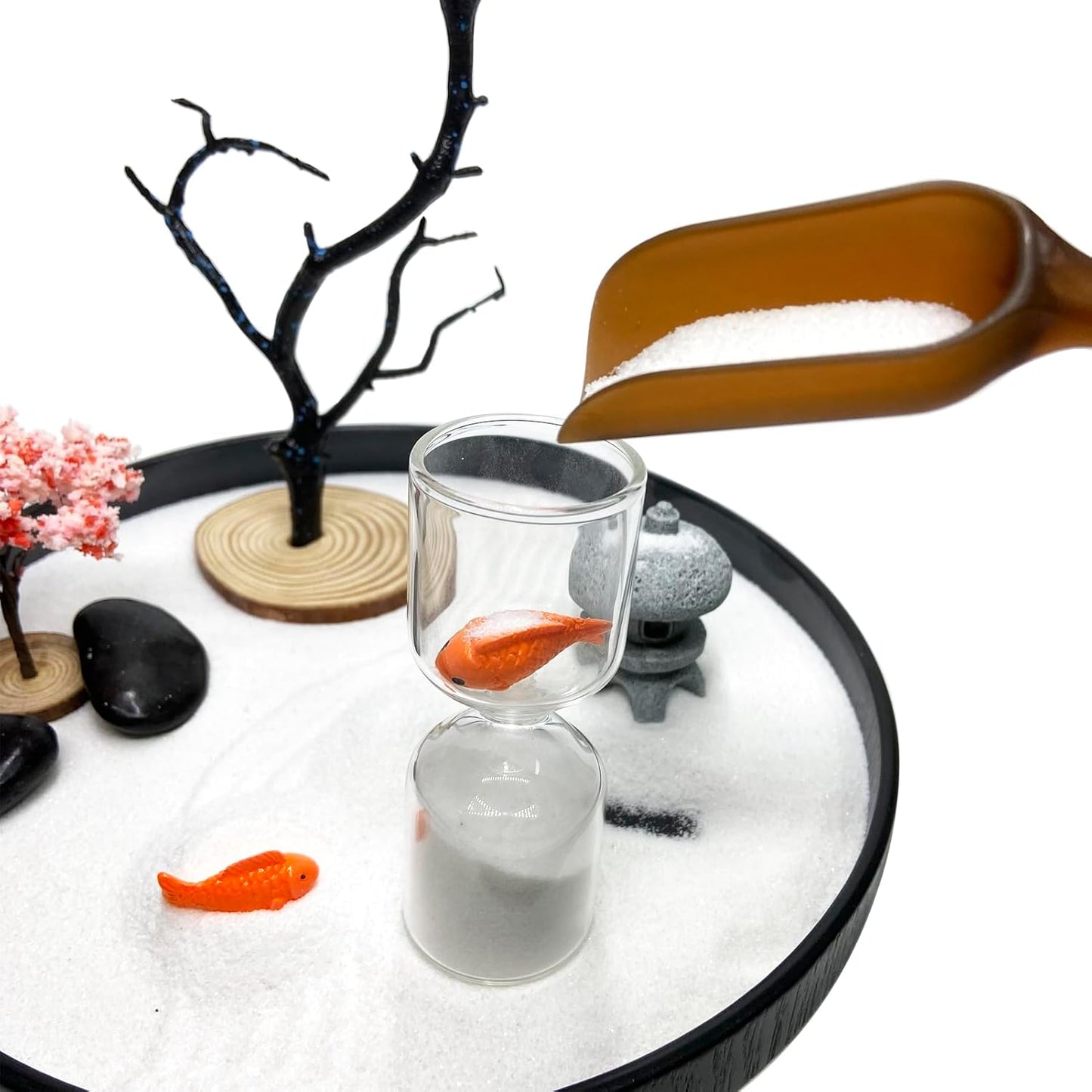 Desktop Zen Garden with Refillable Hourglass and Koi Fish – Miniature Japanese Rock Garden Kit with Sand, Rake, and Accessories – Stress Relief Desk Decor for Home & Office