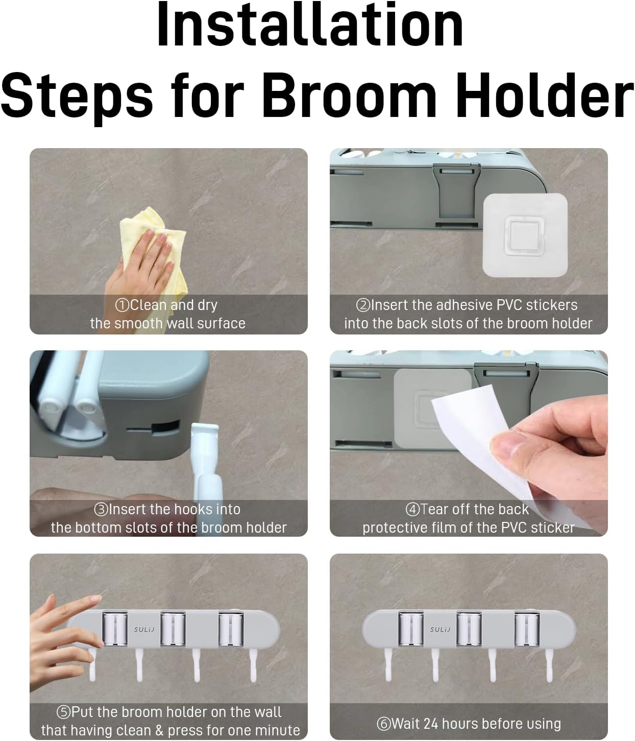 Broom Holder with 3 Slots & 4 Hooks Heavy Duty Garden Tool Organizer Broom Hanger Wall Mount for Home Laundry Room Kitchen Closet Shed Garage Organization and Storage - Grey