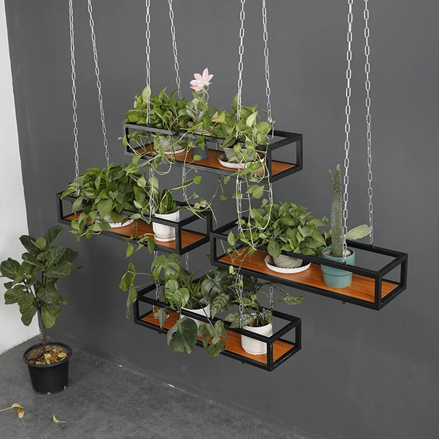 Creative Hanging Flower Pot Display Rack, Solid Wood & Iron Frame Plant Shelf, 4-Tier Ceiling Storage Shelf for Indoor/Outdoor Plants (40x25x15cm)