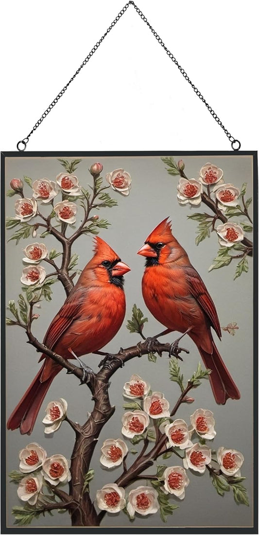 Large Stained Glass Window Hanging, Cardinal Suncatcher, Hand Painted Glass for Bird Lovers - Red Cardinal Memorial Gift for Women (10 x 15in)