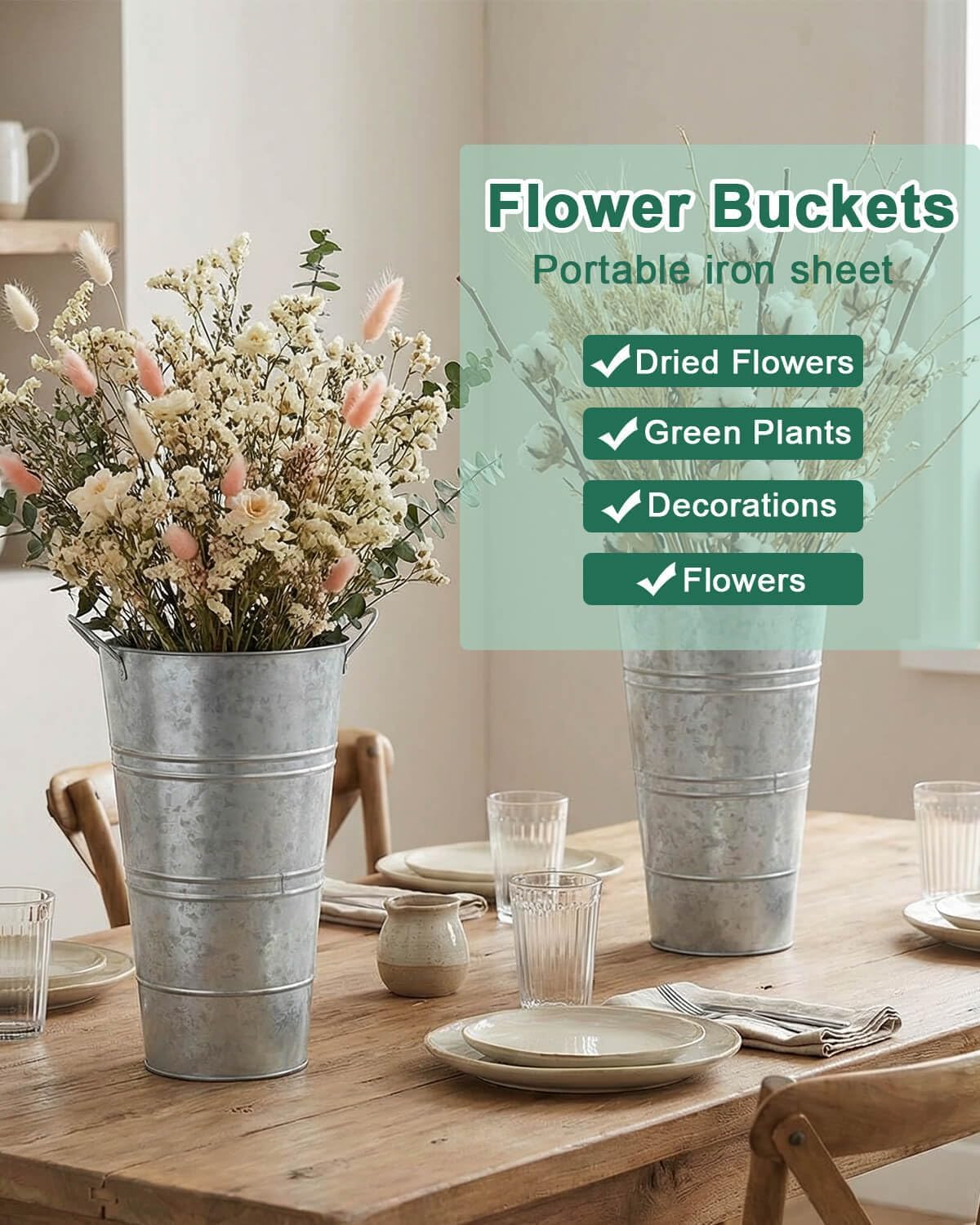 12 Inch Galvanized Metal Vases for Flowers - 2 Pcs Farmhouse Decorative Tall Flower Bucket with Handles, Rustic French Tin Planter Buckets for Wedding Decor (Silver)