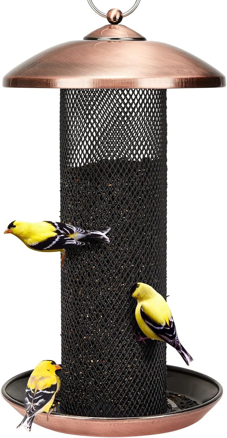 Kingsyard Finch Feeders for Outdoors Hanging, Metal Mesh Tube Bird Feeder for Nyjer/Thistle Seed, 2.5 lbs Large Capacity (Antique Copper)