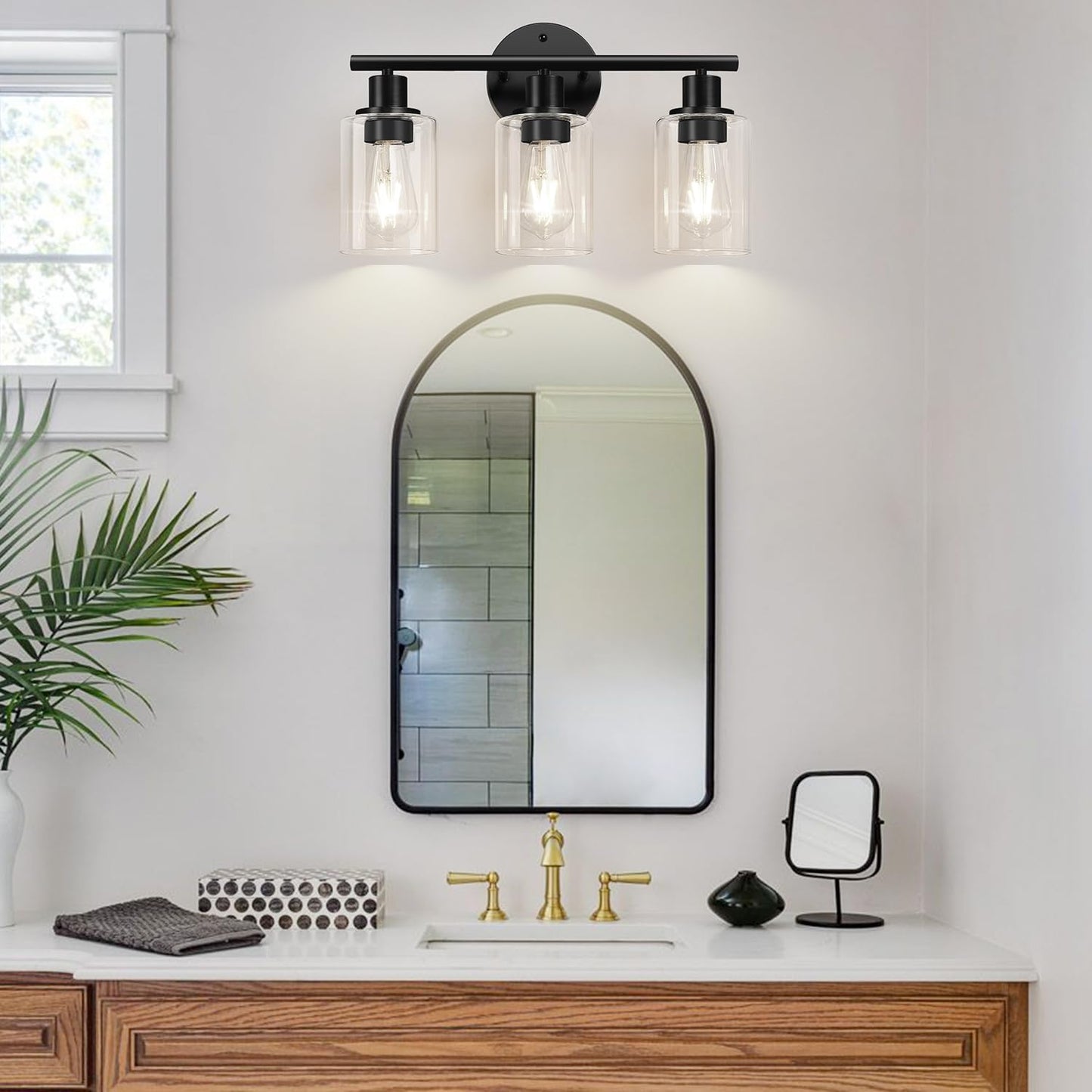 3-Light Bathroom Light Fixtures, 17.23" Black Modern Vanity Lights with Clear Glass Shade, Bathroom Wall Lamp for Mirror Kitchen Living Room Hallway Cabinet Porch