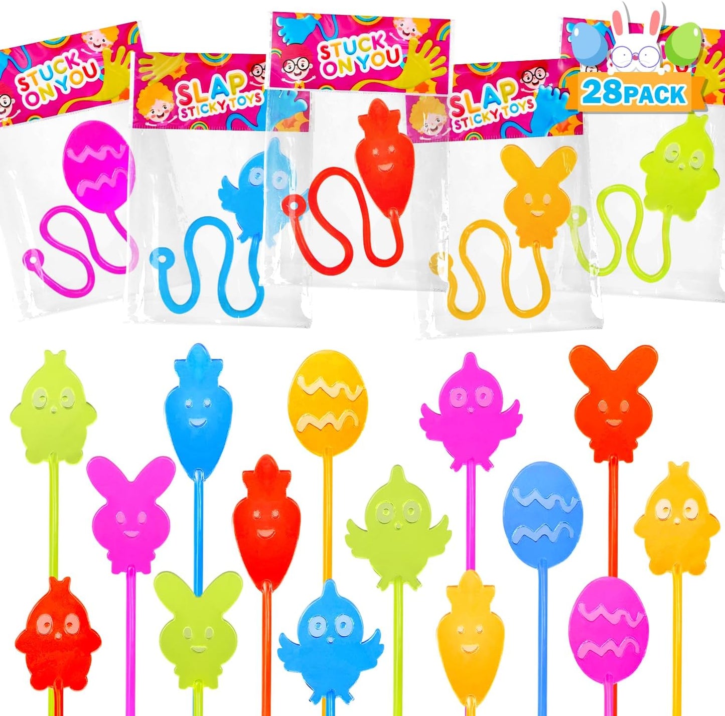 Non Candy Easter Egg Fillers for Kids 28 Pack, Easter Sticky Hands Toys Gifts Basket Pinata Stuffers for Toddlers, Mini Spring Party Favors Egg Hunt Supplies Goodie Treat Bag Prize for Boys Girls