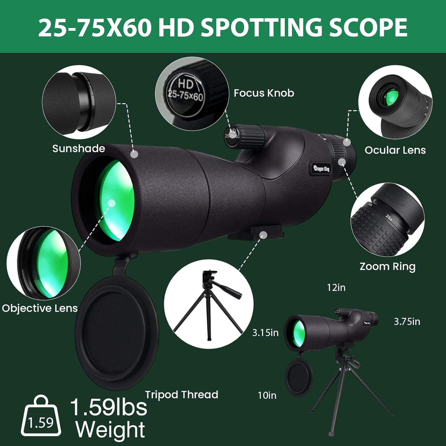 BIBIRE 25-75x60/80 HD Spotting Scope, BAK4 Waterproof Spotter Scope with Tripod and Phone Adapter for Birdwatching, Wildlife Wiewing Stargazing