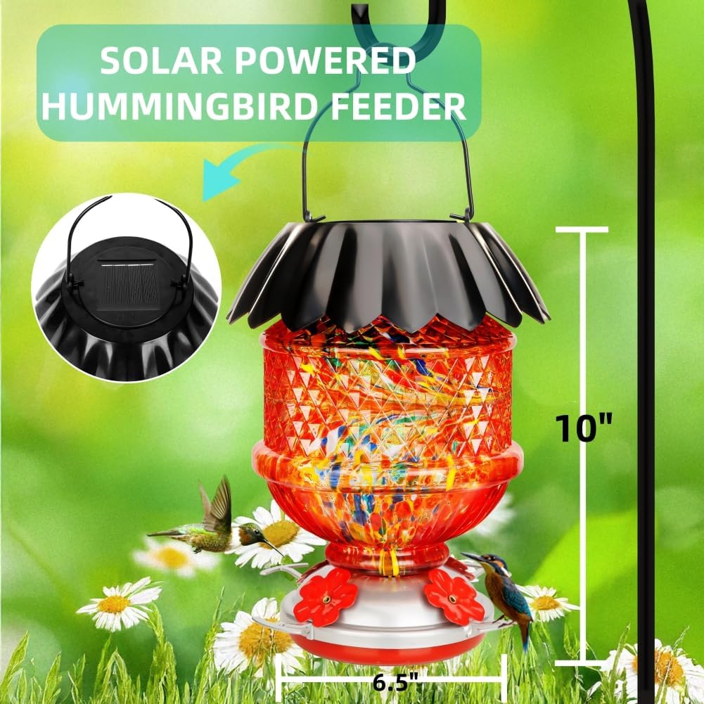 Solar Hummingbird Feeder with Perch 48 OZ Hand Blown Glass Hummingbird