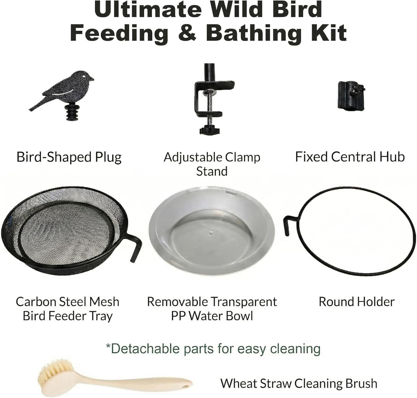 Deck Bird Feeder for Balcony Railing, No-Drill Adjustable Clamp Mount, Heavy-Duty Metal Mesh Platform Tray, Windproof Removable Water Bowl Bird Bath, Feeding Station for Wild Birds with Cleaning Brush